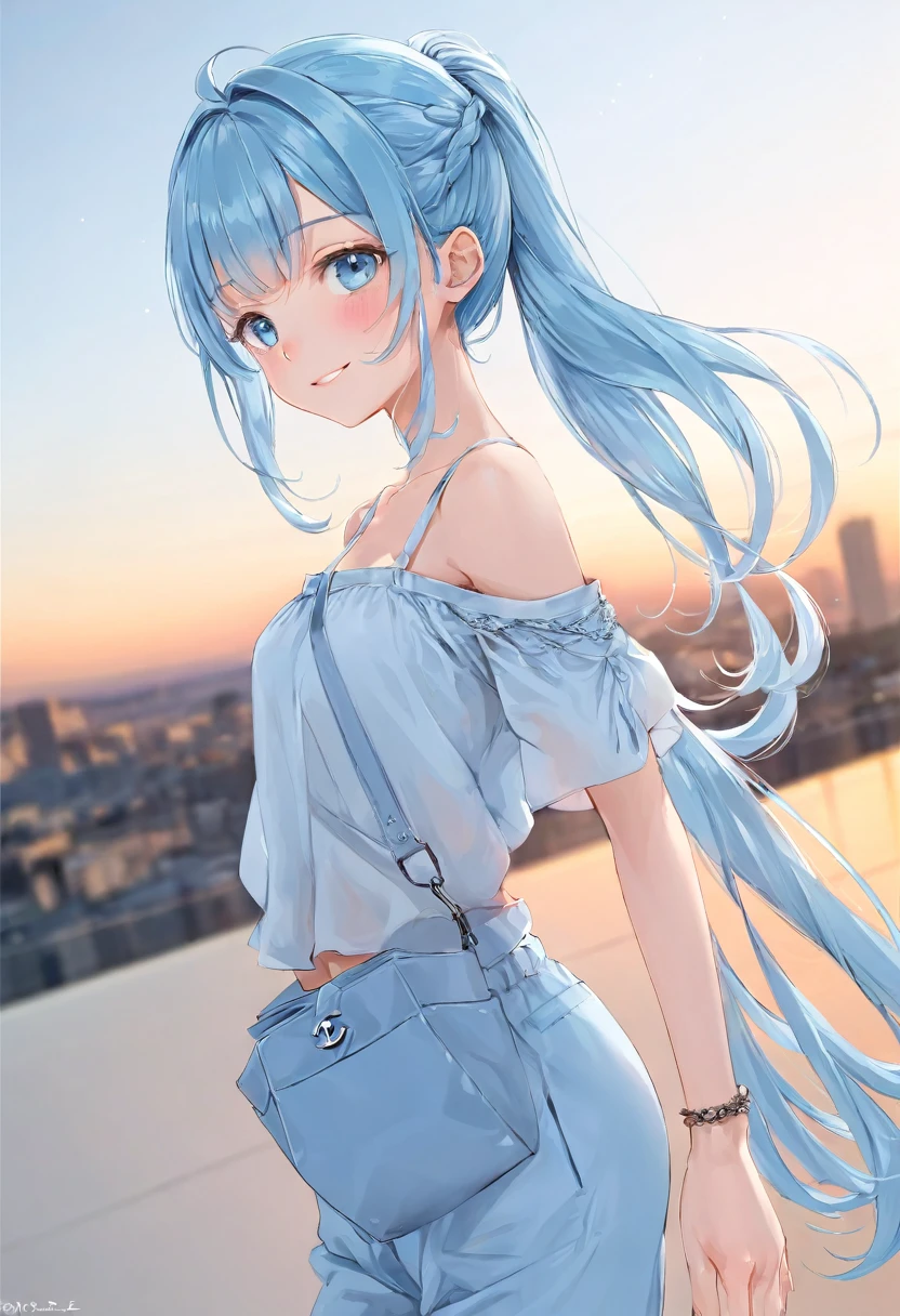 masterpiece, best quality, extremely detailed, (illustration, official art:1.1), 1 girl ,(((( light blue long hair)))), ,(((( light blue long hair)))),light blue hair, , long hair ((blush)) , cute face, big eyes, masterpiece, best quality,(((((a very delicate and beautiful girl))))),Amazing,beautiful detailed eyes,blunt bangs((((little delicate girl)))),tareme(true beautiful:1.2), sense of depth,dynamic angle,,,, affectionate smile, (true beautiful:1.2),,(tiny 1girl model:1.2),)(flat chest) ,,happy smile, smile, Open your mouth,ponytail,Short braided hair,Medium chest, hair band,Cord off-shoulder top,Short sleeve,skinny pants,Stiletto heels,Sunset,evening,The sun is setting,Walking,whole bodyがイラストに入るように,Looking down from above,Holding a Chanel bag in her right hand, break outdoors,In town,Building district, break looking at viewer, whole body, break (masterpiece:1.2), highest quality, High resolution, unity 8k wallpaper, (shape:0.8), (Beautiful details:1.6), Highly detailed face, Perfect lighting, Extremely detailed CG, (Perfect hands, Perfect Anatomy),
