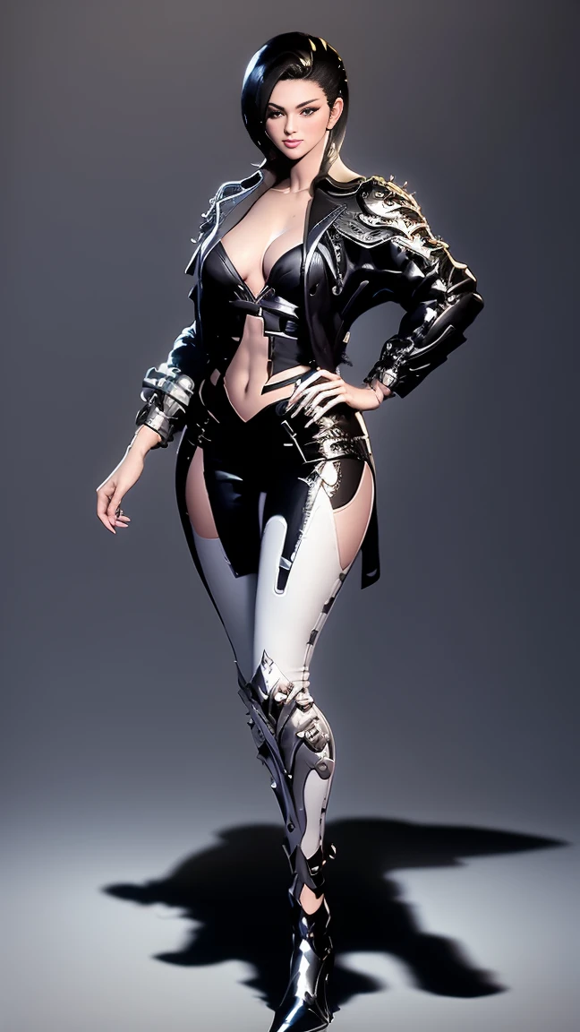 Woman with perfect body, Bunny The First Descendant Ultimate Skin, dressed in a colan sex and fitted to the body with white, black and chrome details and with her legs showing, in front of her full body, with eyes and mouth showing