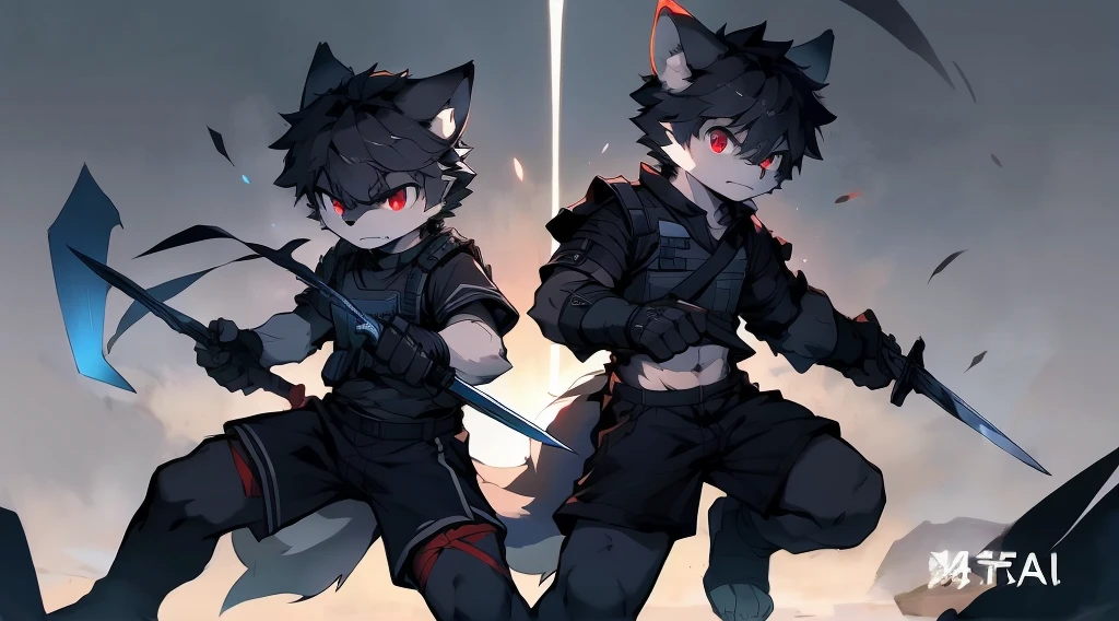 White Wolf,black hair,Red eyes,Wolf ears,Wolf Tail,juvenile,male,hairy,Hair,Half body armor,Combat uniform,Silver and black clothing,Handsome,Handsome,shorts,The forearm is exposed,leg,Fighting Stance,Duel,Two people,Anxious,Armed with a sword,Simple background,Swords
