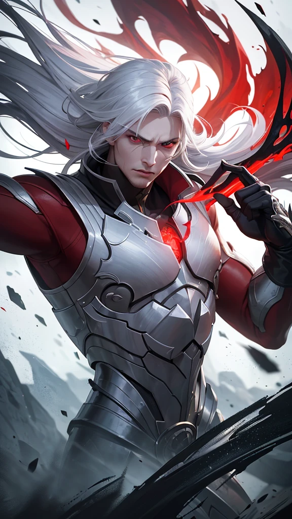 a handsome man with red eyes and white hair, fierce battle, intense action, highly detailed, cinematic lighting, dramatic composition, epic fantasy, grandiose scale, photorealistic, 8k, masterpiece