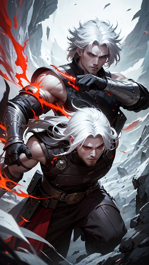 a handsome man with red eyes and white hair, fierce battle, intense action, highly detailed, cinematic lighting, dramatic composition, epic fantasy, grandiose scale, photorealistic, 8k, masterpiece