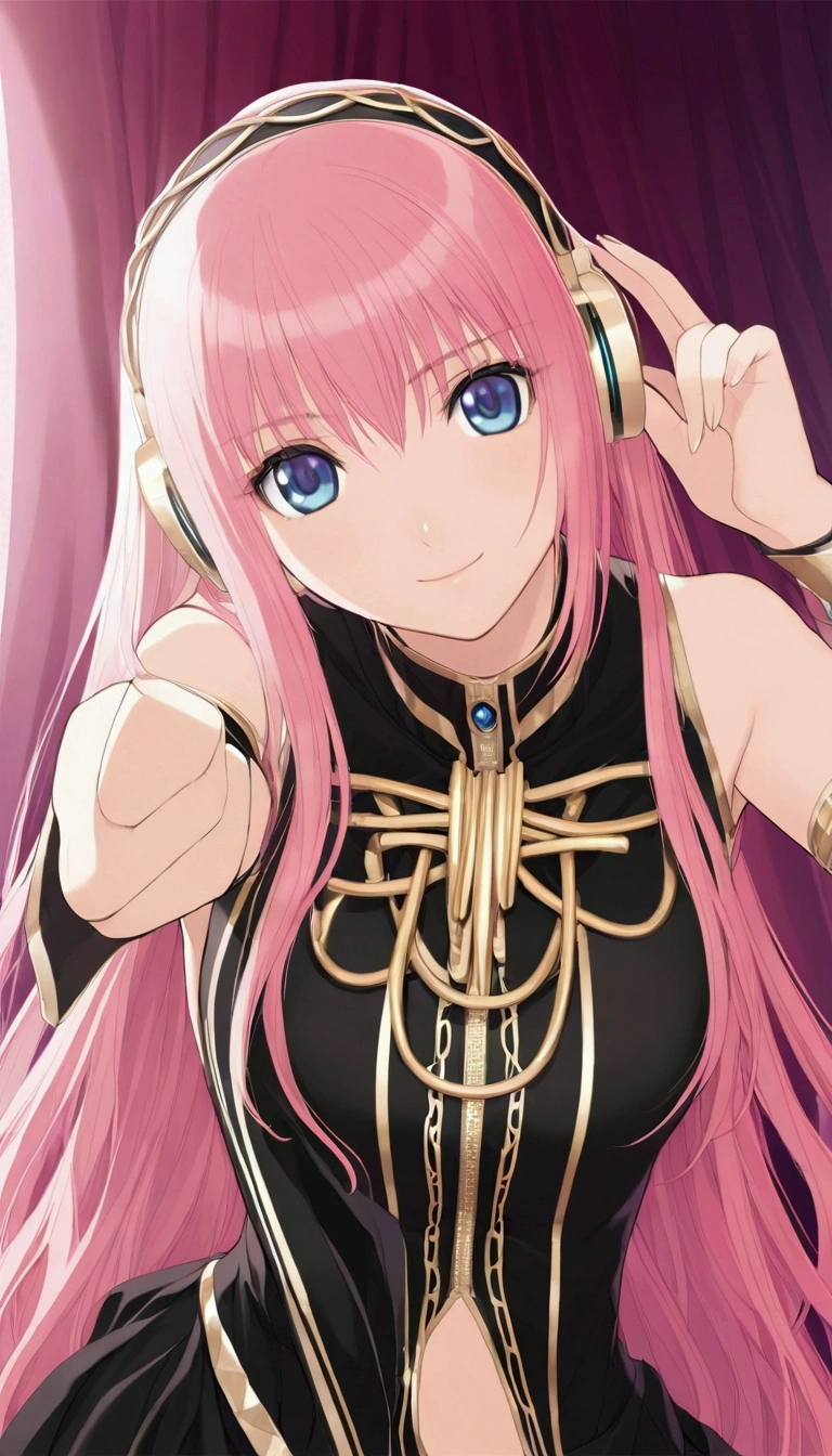 Detailed and beautiful depiction 1.3,Official Art:1.2,Beautiful adult woman ,Megurine Luka in official costume:1.2,Pink long hair,blue eyes,Black and gold costume,headphone,smile,Bedroom