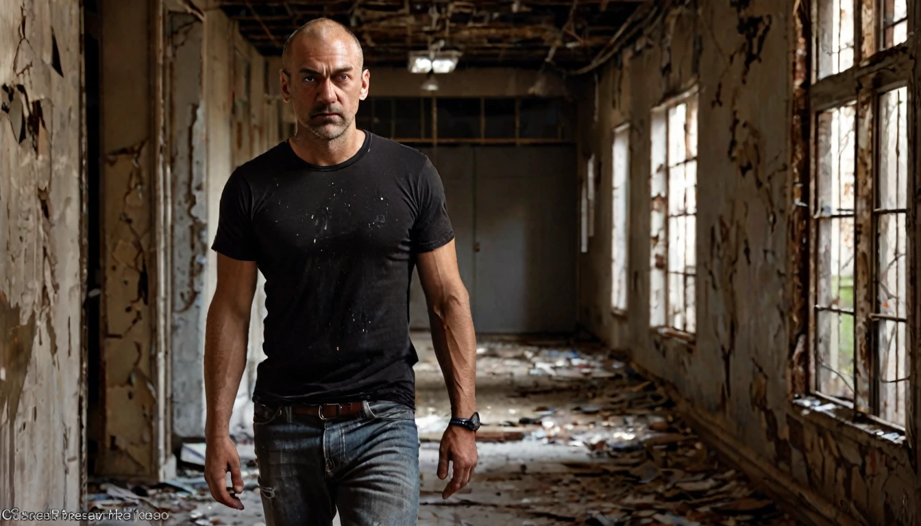 man, 40 years old, robust physique, worried face, (with little hair on his head) walking through a hallway of an abandoned building, broken windows, unpainted walls, dirty floor, poor lighting, walking in the dark, looking at the camera, flashlight in his hand, dressed in black t-shirt and jeans, apocalyptic image, ethereal, photo realistic detailed image, sharp focus, studio photography, xf iq 4, 1 5 0 0 0 0 mp, 5 0 mm, iso 2 0 0, 1/1 6 0 s, realistic, natural light, octane rendering, adobe lightroom, thirds resolution, symmetrical balance, depth layers, polarizing filter, ..., hd, color optics, ..., hd, color opaque, masterpiece