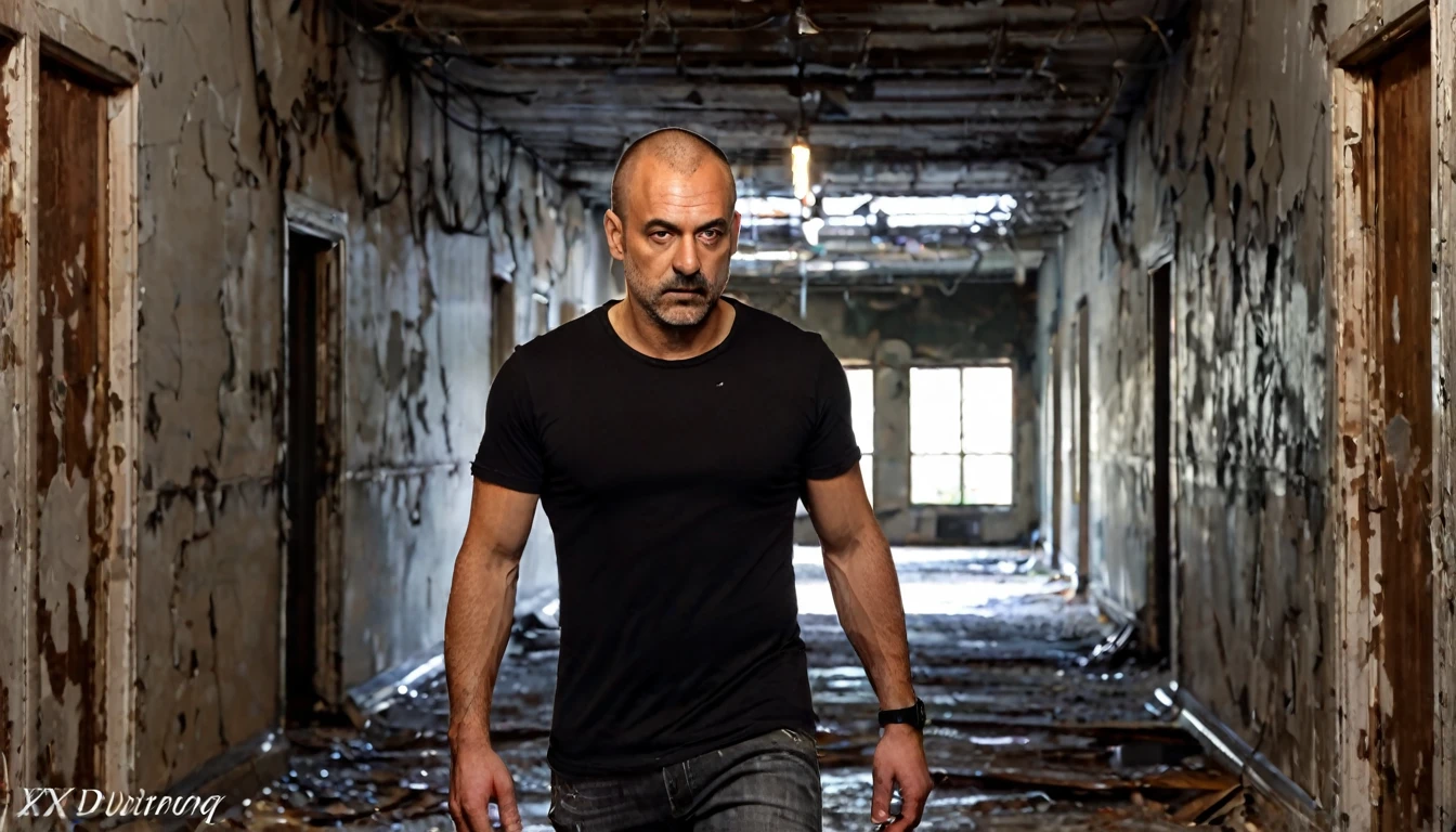 man, 40 years old, robust physique, worried face, (with little hair on his head) walking through a hallway of an abandoned building, broken windows, unpainted walls, dirty floor, poor lighting, walking in the dark, looking at the camera, flashlight in his hand, dressed in black t-shirt and jeans, apocalyptic image, ethereal, photo realistic detailed image, sharp focus, studio photography, xf iq 4, 1 5 0 0 0 0 mp, 5 0 mm, iso 2 0 0, 1/1 6 0 s, realistic, natural light, octane rendering, adobe lightroom, thirds resolution, symmetrical balance, depth layers, polarizing filter, ..., hd, color optics, ..., hd, color opaque, masterpiece