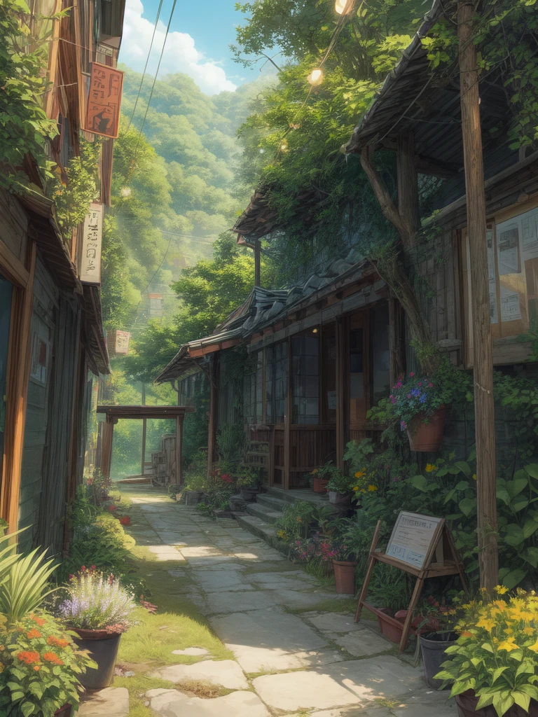 super wide perspective, string lights, hanging pots, ghibli anime scene, coffee shop in the woods, moody weather, under a big banyan tree, street light, poles and wires, tropical leafy plant pots, menu board, sign board, long grass with wild flowers, in the middle of nowhere, vibrant color tones, ghibli style, no humans, scenery, masterpiece, high resolution 