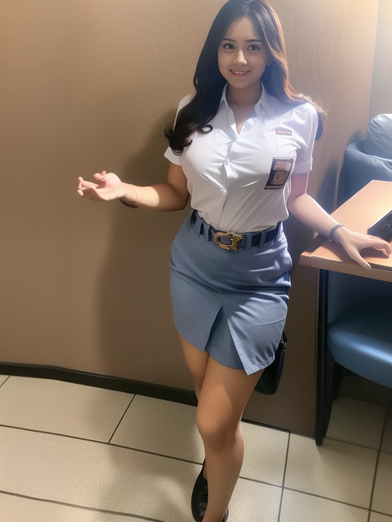 1girl, (uniform), standing, eye level, (distance: 1.5),photo shot pose, Classroom, detailed face, detailed eyes, thick breasts, shiny skin, tight shirt, grey blue miniskirt, looking at the audience, high angle shot,(8k, RAW photo, best quality, masterpiece: 1.2), (realistic, realistic: 1.37), ultra-high resolution