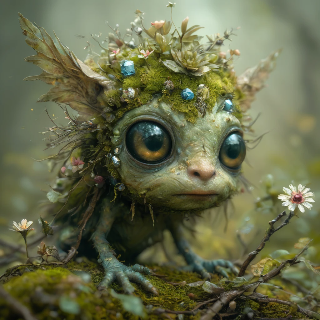 forest creature looking for a mate,little fat fairy made of moss,twigs,flowers,gems,crystals,lights,wind,energy,hope,super high resolution,glossy,photorealistic,3D,photos of fairies captured on camera in National Geographic's biome,princesses and wise men,silly,