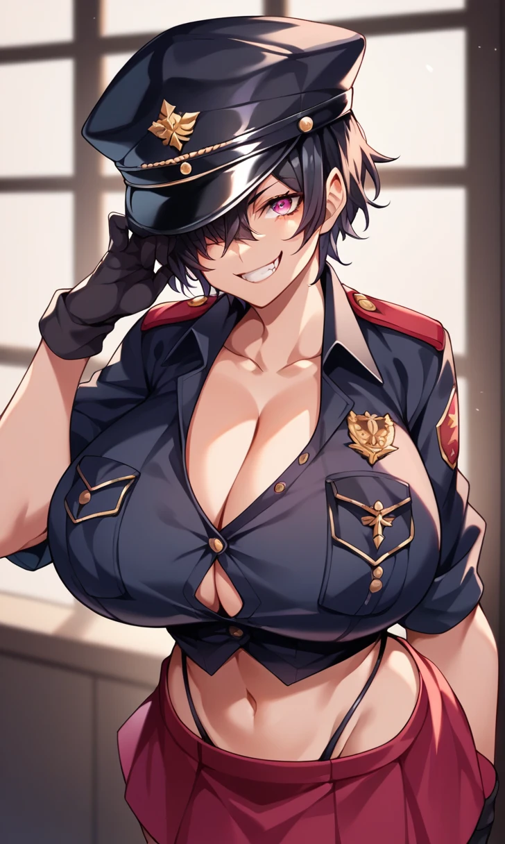 score_9, score_8_up, score_7_up, score_6_up, score_5_up, score_4_up, (source_anime),   1girl, huge breasts, looking at viewer, smile, fang, black clothes, short hair, shirt, midriff, skirt, thong, black hair, gloves, hat, cleavage, hair between eyes, collarbone,  black gloves, pink eyes, grin, uniform, black shirt, black headwear, peaked cap, pocket, military hat, breast pocket, partially unbuttoned, hat tip, hat over one eye, indoors, military, military base, upper body, purple theme,