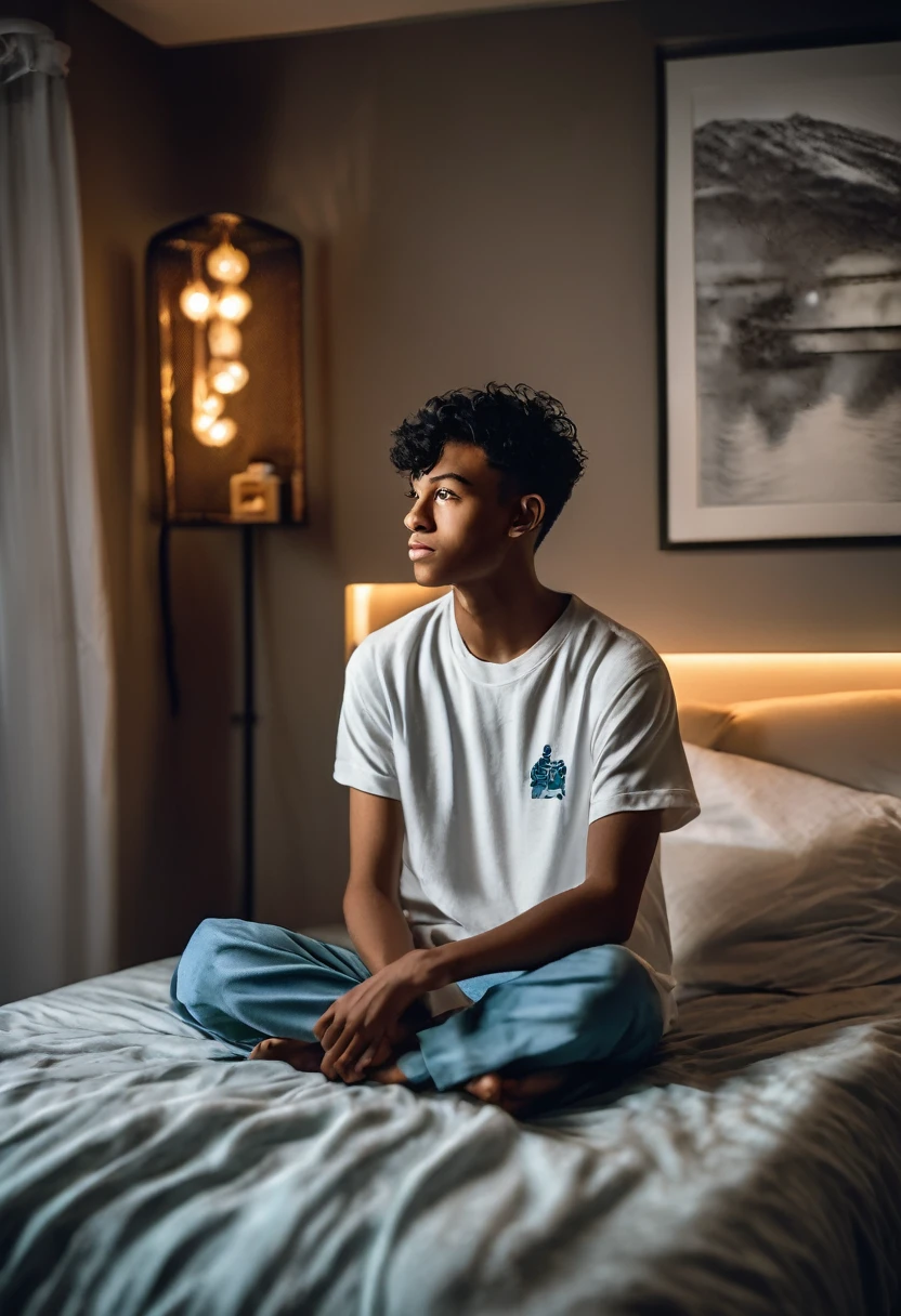 18 years old man sitting on the bed, 8k, full body shot, hyperrealistic, documentary photography, glow in the dark, ☹️, bedroom, nightwear