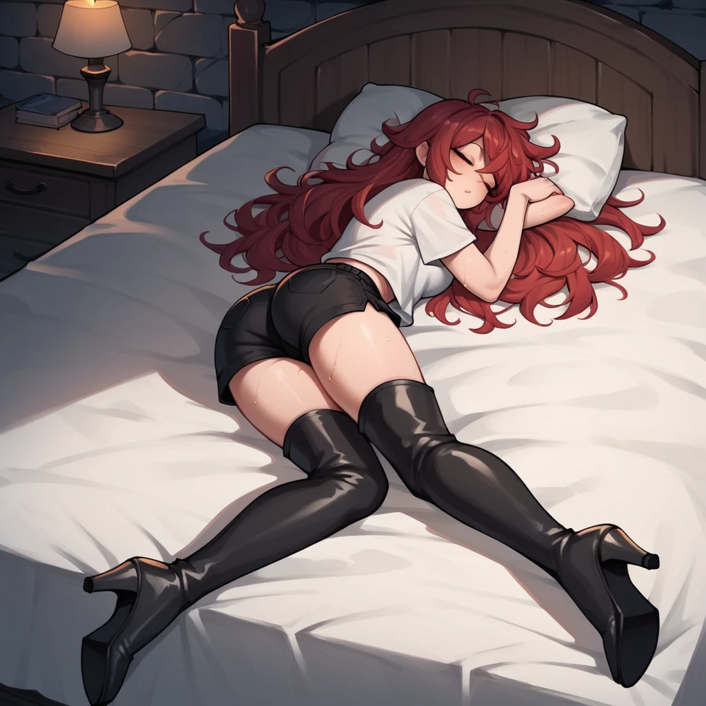 score_9, score_8_up, score_7_up, score_6_up, score_5_up, score_4_up, source_anime, 1girl, bed, red hair, long hair, sleep, messy hair, sweaty shirts, shorts, thigh high boots, heels, night, dungeon, best quality, best res, 4K UHD,
 1guy, black hair, sleep bed, hugs, shorts, 