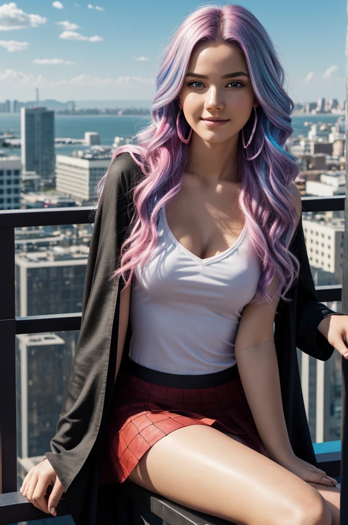 Girl, , rainbow colored hair, colorful hair, half blue and half pink hair, golden long curly hair, silver hair, extra long hair, blue sky, summer, petal only IQUID, hood, black cloak, red and black torn dress, sky, outdoors, clouds, smile, sky blue eyes, exposed shoulders, perfect hands, repaired fingers, earrings, ocean, lookingatviewer Cowboy lens, top quality, rich details, perfect image quality, sunrise, scenery, bright colors, clear focus, best quality, depth of field, film light, petals in the wind, silver eyes, glow, maid, shiny hair, seen from above, hands together, close-up, super realistic 8k cg, perfect face, perfect, clean, masterpiece, professional art, famous art, perfect face, beautiful face, beautiful eyes, perfect female body, solo, immersive atmosphere, light and dark contrast, bright light, bright light, powder blusher, charming expression, extremely delicate eyes, thick thighs, plump, plump Beautiful and detailed background, lifelike, long lens, shirt, pleated skirt, sitting, whole body, ambient light, film composition, neon light, HDR Emphasize lighting, white pantyhose, best quality, 3D, cyberpunk female images, ray tracing, NVIDIA RTX, super-resolution, Unreal 5, subsurface scattering PBR texture, post-processing, anisotropic filtering, maximum clarity, multi-layer texture, reflectivity, specular reflection image, surface coloring, precise simulation, light material interaction, perfect proportion, octane rendering, dual tone lighting, wide aperture, low ISO, white balance, one-third rule, 8K RAW, very detailed face, very detailed eyes and face, beautiful details eyes, body parts, official art, unified 8K wallpaper, super detailed, original, super fine photos, ultra-high resolution, realistic realism, sunlight, full body portrait, stunning beauty, dynamic posture, exquisite face, vibrant eyes, looking from the front, Spider Man suit, red and black color matching, spider, City roof background, roof, overlooking the city, detailed fa