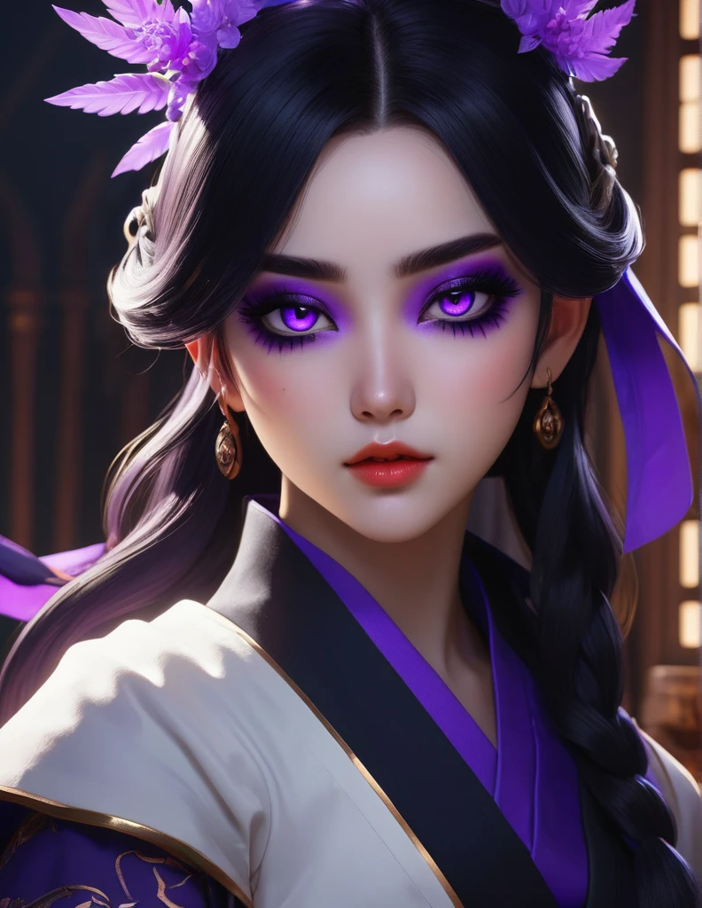 quality(8k wallpaper of extremely detailed CG unit, masterpiece, hight resolution, top-quality, top-quality real texture skin,hyper realisitic, digitial painting,increase the resolution,RAW photos,best qualtiy,highly detailed,the wallpaper),BREAK,8K, onmyoji-style art, Girl, Robber's clothes, Sorcerer Archaeus, Purple eyes, black makeup , Portrait in DND style
