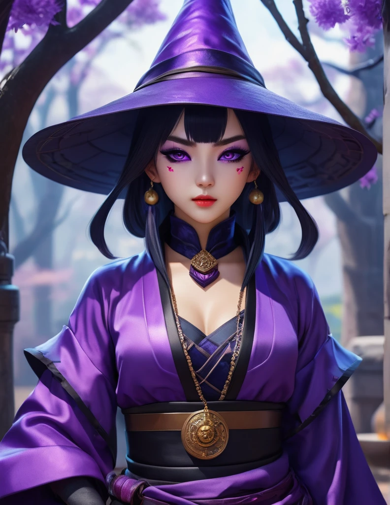 quality(8k wallpaper of extremely detailed CG unit, masterpiece, hight resolution, top-quality, top-quality real texture skin,hyper realisitic, digitial painting,increase the resolution,RAW photos,best qualtiy,highly detailed,the wallpaper),BREAK,8K, onmyoji-style art, Girl, Robber's clothes, Sorcerer Archaeus, Purple eyes, black makeup , Portrait in DND style