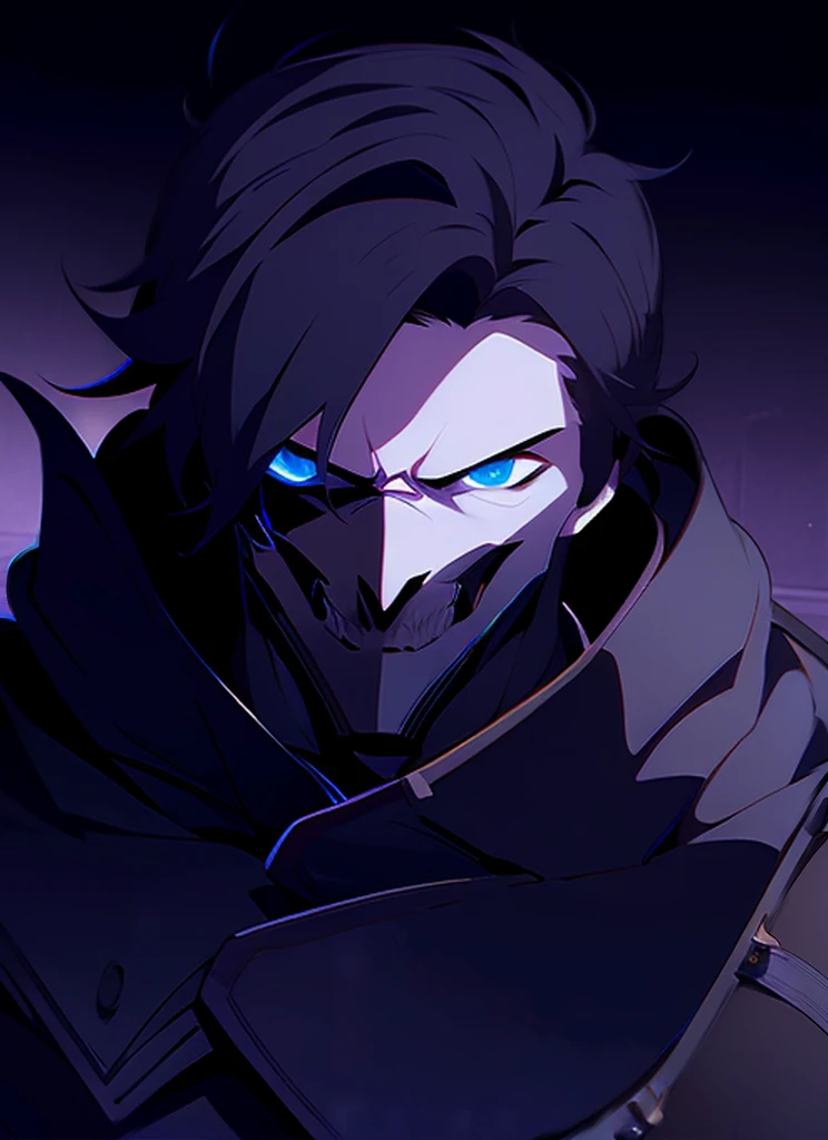 1 , handsome fashion hair,dark hair highlightwhite, fanstasy, smile face, male ,fantasy, reaper, hunter with blackshortsword, villian face, black armor , darkness wolrd, bad