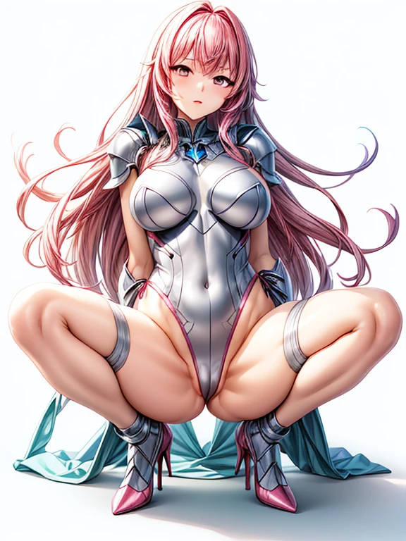 pink hair woman cartoon closeup,  tits, Sexy pubic pose gesture, shiny pink armor, anime girl squatting, anime goddess, , Beautiful anime girl squatting, high leg leotard, shiny thighs, high heels