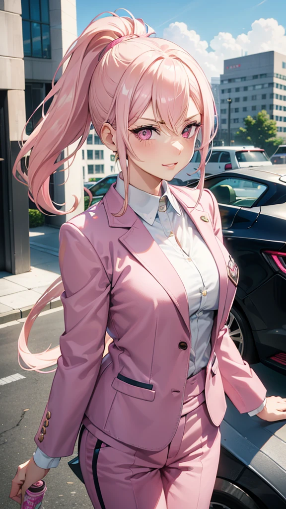 (((Adult woman))), ponytail blonde hair, (Pink eyes), pink suit, smirk, morning city