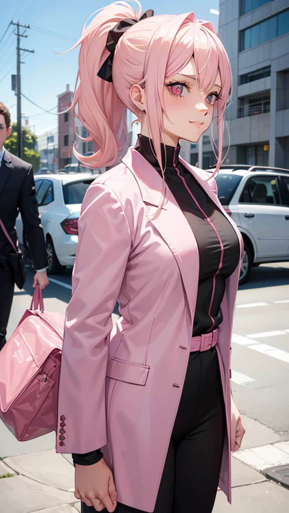 (((Adult woman))), ponytail blonde hair, (Pink eyes), pink suit, smirk, morning city