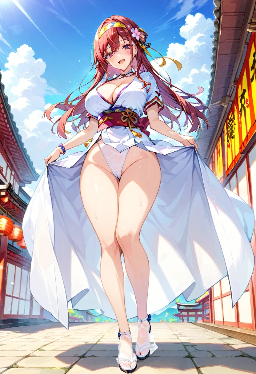 takeda hiromitsu style,(((nsfw))),(((wedgie a white sheer fabric fundoshi))),(((huge ass))),(standing),(((wears tabi on feet))),(((white short sleeve kimono tops))),(((Show cleavage))),(double-breasted,underbust:1.2),(((Japanese festival twisted headband))),, a beautiful detailed girl, extremely detailed eye and face, beautiful detailed eyes, ultra-detailed, High resolution, top-quality, masterpiece, highly detailed, , Wonderful, finely detail, top-quality, (), Beautiful eyes, smile, Opening Mouth