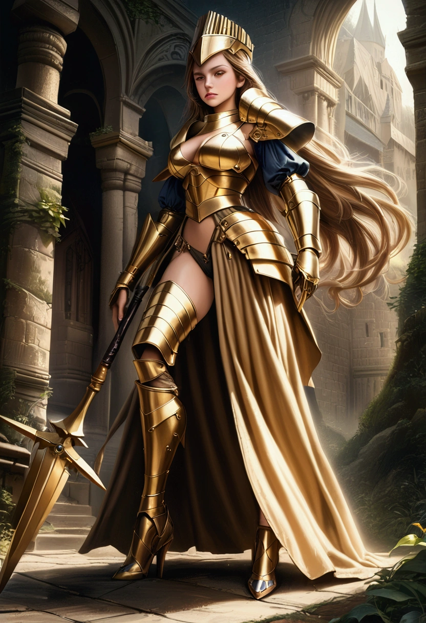 goddess of war, female, warrior, sexy,medieval golden armor, full body, spear, realistic