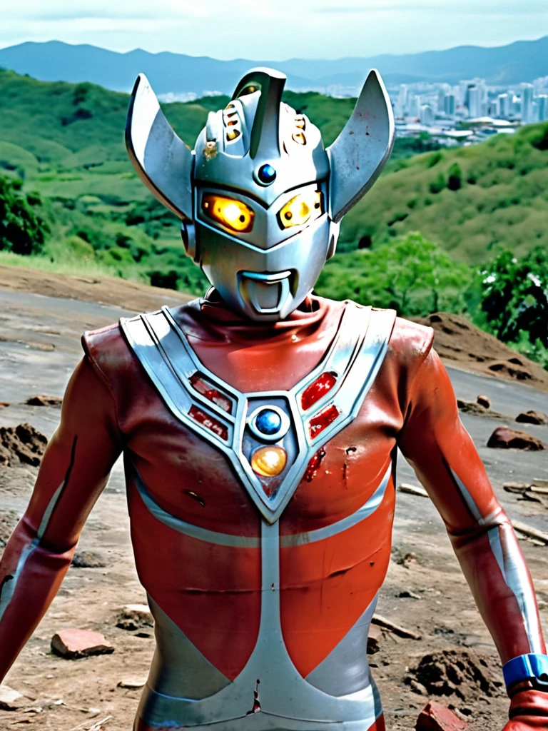Ultraman Taro torn apart, A disjointed corpse,photo realistic, 35mm films, ultras, 4k, gay, bara, NSFW, Ultraman Taro, Aerial view, Hilly area behind suburbs, Ultraman Taro's body and limbs are torn apart and thrown into a hole, Crying Ultraman Taro's head, Cracked head, Tall and thin, Neck and limbs are long and thin, Arms cut from shoulders, Legs cut from groin, Hips and chest are cut off at waist, Pale skin, Hairy, Small penis, Tube attached to penis, Neck is torn off from body, Unlit grey eyes, Beam lamp on forehead is also grey, Helmet with many cracks, Blood flows from open mouth,