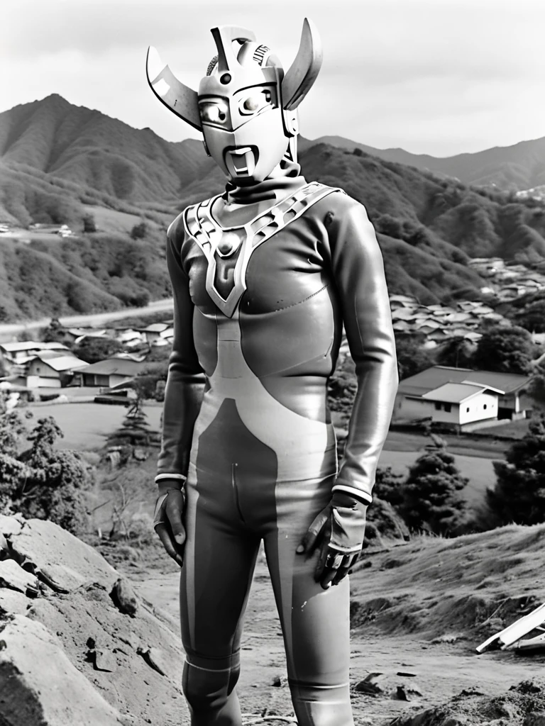 Ultraman Taro torn apart, Dismembered corpse,Photorealistic, 35mm Film, Ultras, 4K, Gay, only, Browsing Caution, Ultraman Taro, aerial photograph, The hills behind the suburbs, Ultraman Taro's body and limbs are torn apart and thrown into a hole, Crying Ultraman Taro's head, The head cracked, Tall and thin, The neck and limbs are long and slender, Cut off the arm from the shoulder, Leg severed from the groin, Hips and chest are cut at the waist, Pale skin, Hairy, Small penis, Attaching a tube to the penis, Head ripped from body, Dull grey eyes, The beam lamp on the forehead is also gray., A cracked helmet, Blood flowing from an open mouth,
