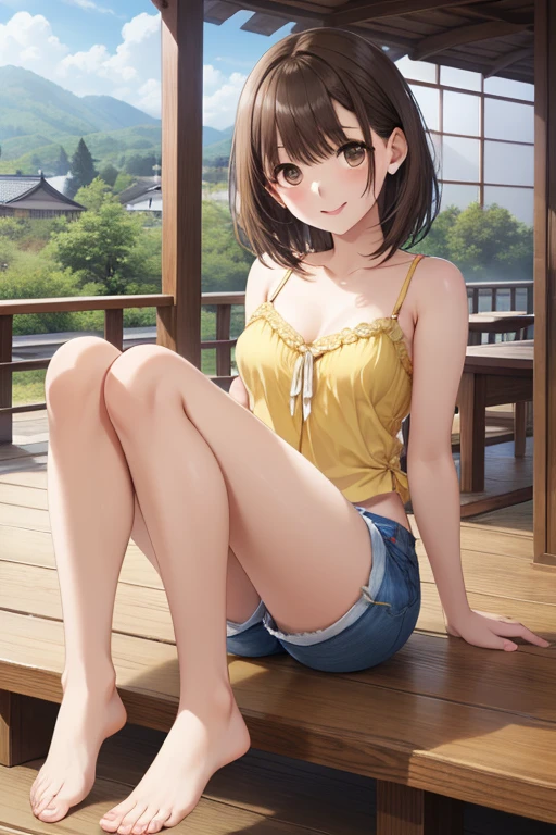 anegasaki nene、Shiny brown hair, short hair, (Beautiful brown eyes、Sparkling eyes, Fine grain)、smile、Ultra-detailed eyes、Highly detailed face, Highly detailed eyes,


CG, Unity, 8k, wallpaper, Highest quality, masterpiece,  (smile: 1.2), Sit on the veranda, (((Yellow Camisole 、BREAK denim shorts))), 
barefoot, Thighs, Best lighting, Complex pupil, Intricate weaving, Detailed Background, Japanese countryside scenery, She has an ice cream in her hand、Orient to your audience..