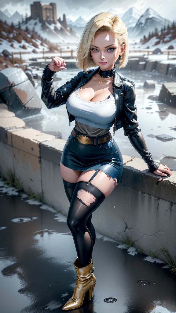 a woman with huge breasts, multicolored hair, black hair, wearing gloves, fingerless gloves, a skirt, and a belt, looking directly at the viewer, realistic, detailed, high quality, photorealistic