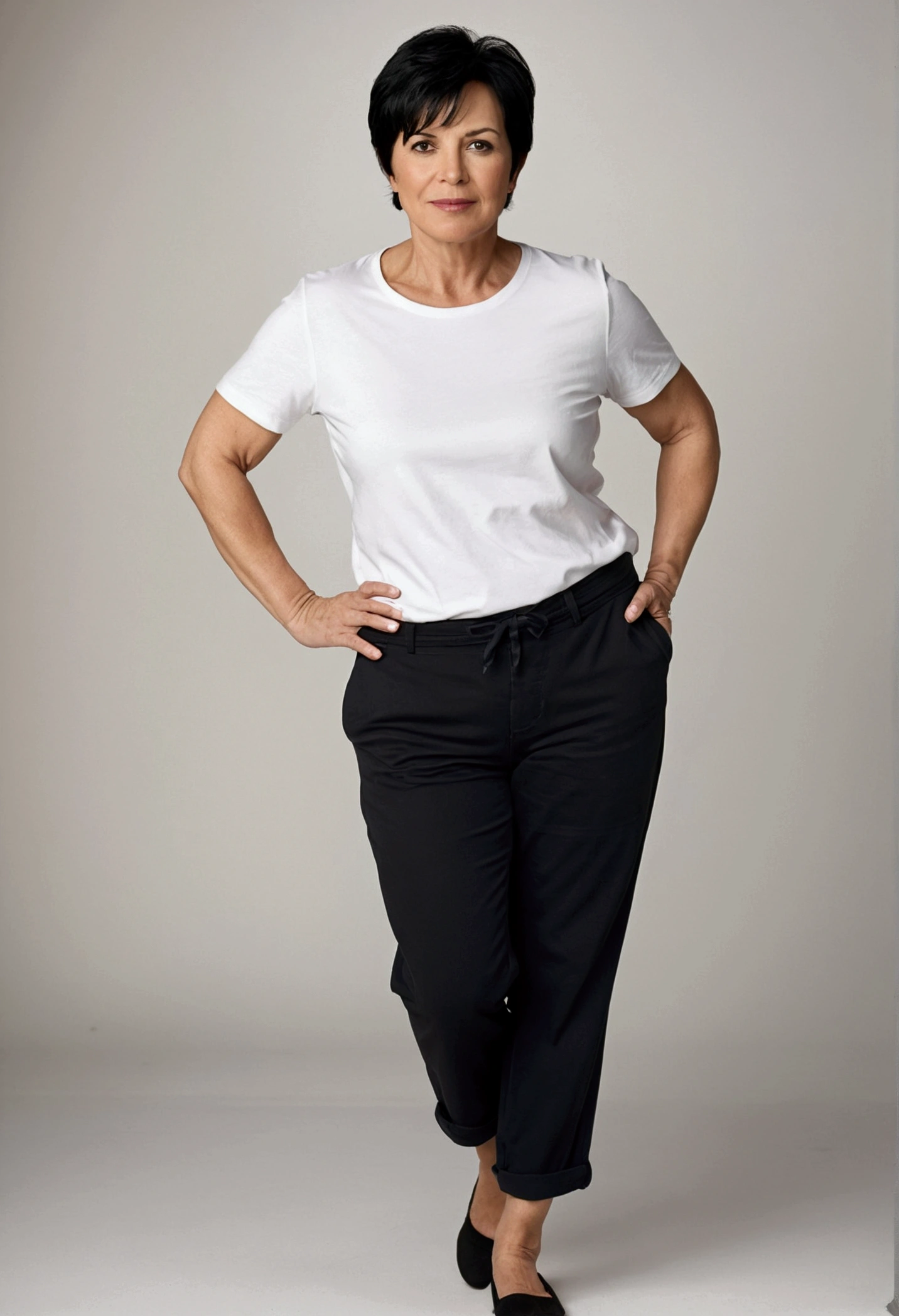 A woman around 45 years old, with a sturdy build but not overweight, short black hair. She is wearing pants and a t-shirt. The image shows her full body.