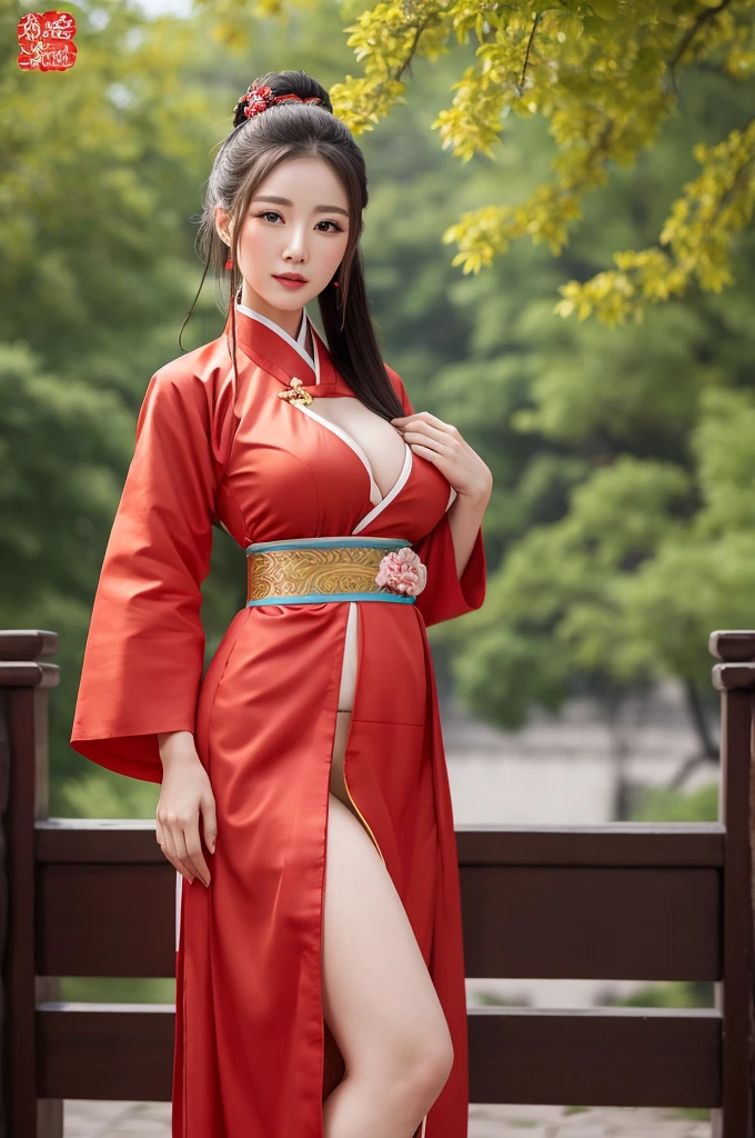 Erotic nude of an adult woman wearing Chinese court hanbok with big breasts and belly protruding Her hair is tied up in the style of the old Chinese court. The background is a Chinese palace