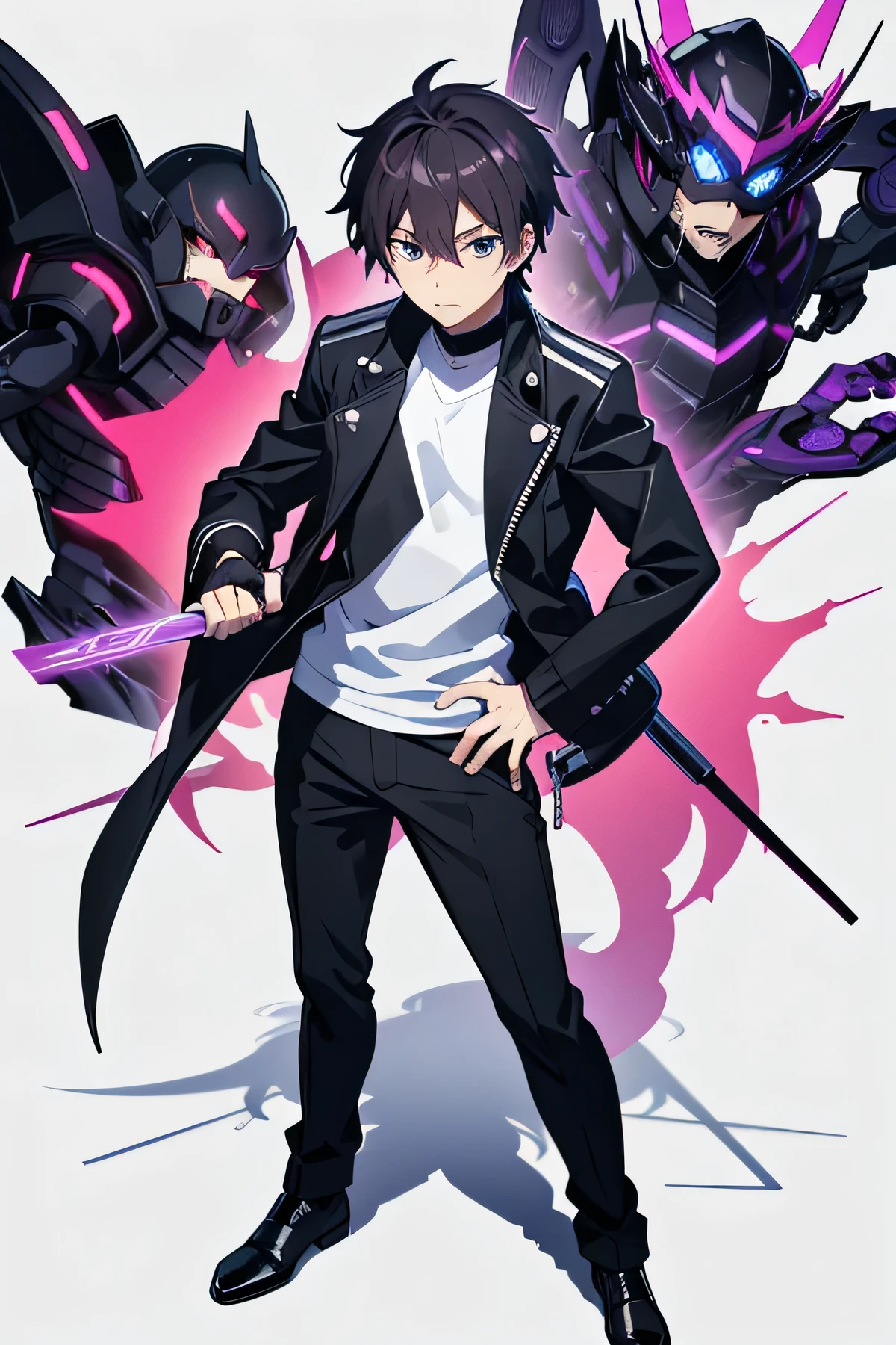 one man,black biker jacket,purple hair, short hair, spiky hair,black eye,full body shot,stubble,15 years old,look at viewer,standing,white shirt,hand on hip,from front,white background,Anime handsome guy, Gap Moe Yandere Grimdark, Handsome men from Demon Slayer, Young Anime Guy, Male Anime Characters, Hajime Yatate, Handsome man, trigger anime art style, Anime Moe Art Style, inspired by Okumura Masanobu