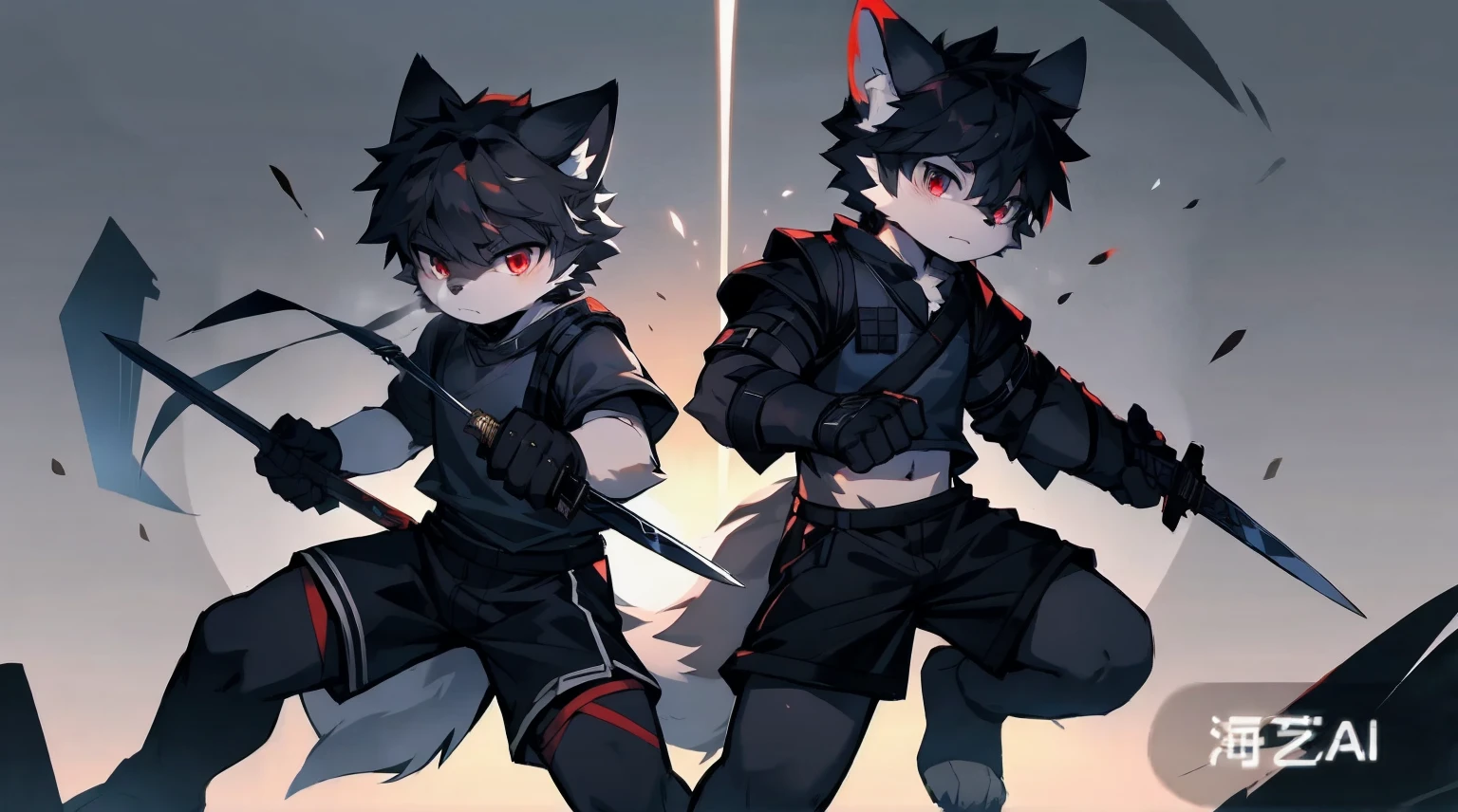 White Wolf,black hair,Red eyes,Wolf ears,Wolf Tail,juvenile,male,hairy,Hair,Half body armor,Combat uniform,Silver and black clothing,Handsome,Handsome,shorts,The forearm is exposed,leg,Fighting Stance,Duel,Two people,Anxious,Armed with a sword,Simple background,Swords