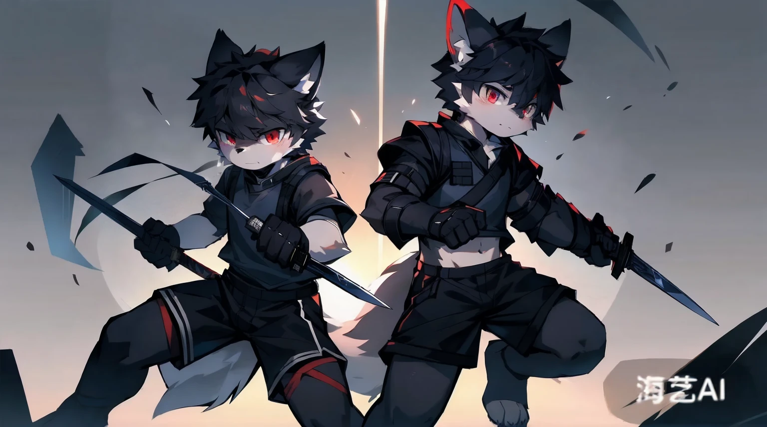 White Wolf，black hair，Red eyes，Wolf ears，Wolf Tail，juvenile，male，hairy，Hair，Half body armor，Combat uniform，Silver and black clothing，Handsome，Handsome，shorts，The forearm is exposed，leg，Fighting Stance，Duel，Two people，Anxious，Armed with a sword，Simple background，Swords