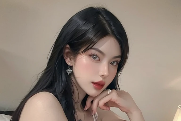 Beautiful (1 girl:1.3), Alone, (very detailed) full body masterpiece, Ultra realistic, 16K, nightmare atmosphere, gothic, r3b3cc4 young, Sensual (Erotic), 1 girl (cute young) alone, delicate (seductive) female face, realistic black hair, hair fringe, looking at viewer, goth makeup, simple unfocused background, bedroom background, jewelry, earrings, necklace, young beauty, portrait, hoop earrings, realistic, soft lighting, muscular female body, realistic hot body , photorealistic, detailed clear eyes, extremely erotic, delicate feminine, muscular female body, pale skin, very white skin, lightened oily skin,  large natural breasts, belly hot, narrow waist, proportionally big hips, thick legs, beautiful, nude (porn), different sensual positions, raw, analog, sharp focus, 8K, high definition, high quality, Fujifilm XT3, Film grain, award winning, highly detailed skin artwork, realistic skin details, visible pores, clear focus, volumetric fog, 8k hd, dslr, high quality, Film grain, light skin, photographic realism , lomography