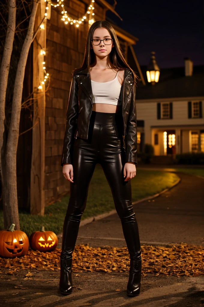 teenager girl, pale, wearing glasses brown shoulder length brown straight hair, black leather jacket, black leather leggings, black heels, halloween night setting on a hay bell
