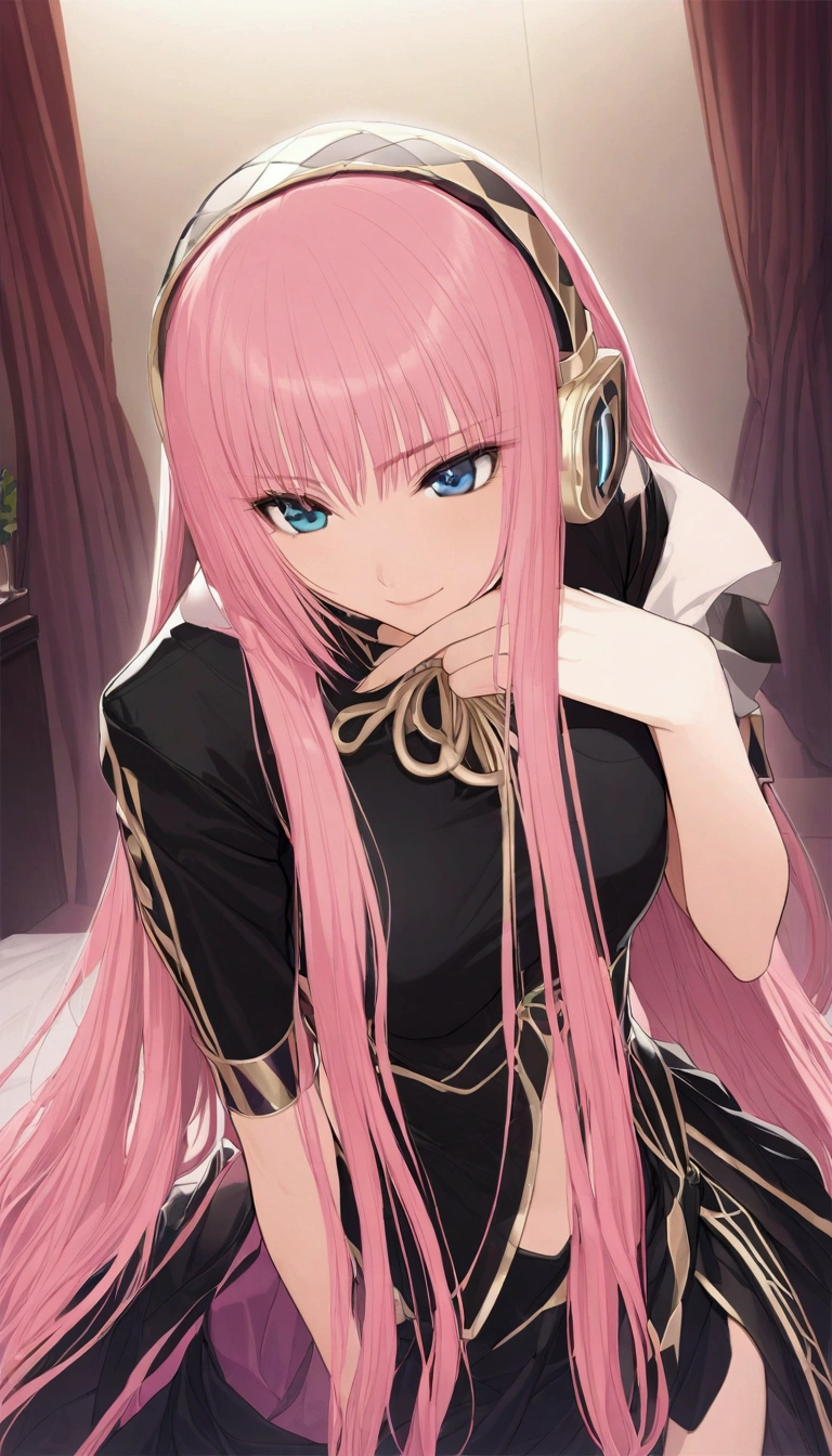 Masterpiece,Detailed and beautiful depiction 1.1,Official Art,Beautiful adult woman ,Megurine Luka in official costume,headphone,Black costume,Pink long hair,blue eyes,smile,Bedroom