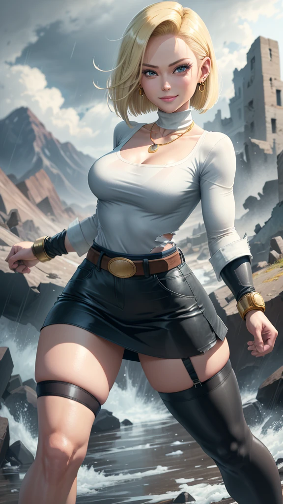 best quality, highres, and18, 1girl, android 18, solo girl, 1girl, blonde hair, blue eyes, belt, high heels, black long bodycon skirt, gold necklace, white blouse, short hair, blue sweater, earrings, medium breasts, cowboy shot, mountains, straight-on, (weather: raining and windy), wet body, sexy smile, combat stance, thigh high stockings, garter belt, battle ruins, wide hips, thick legs, torn clothes, closed fists, hair pin,