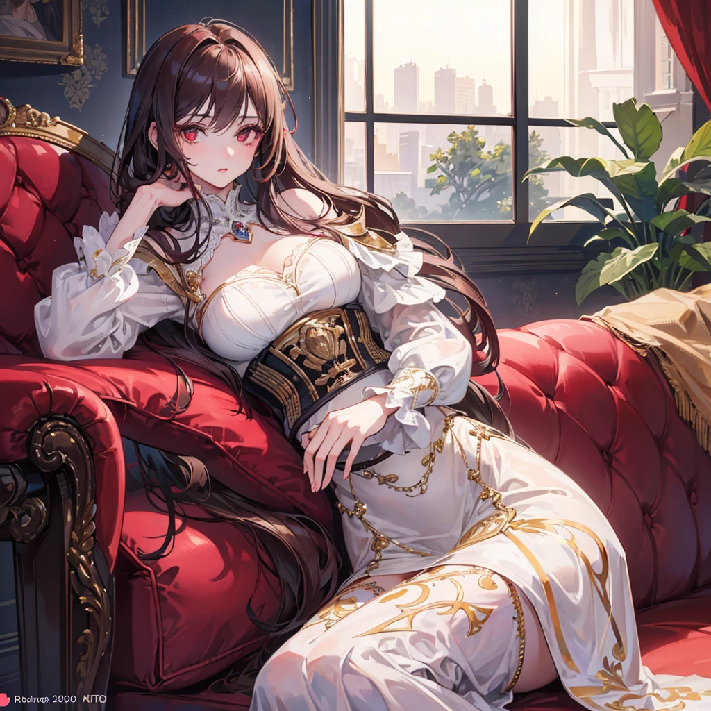 1girl, beautiful detailed eyes, beautiful detailed lips, extremely detailed eyes and face, long eyelashes, young royal girl, red eyes, long brown hair, sitting on sofa, facing front, stoic expression, confident and elegant, photorealistic, high quality, detailed, studio lighting, ultra-detailed, masterpiece, 8k, vibrant colors, dramatic lighting, cinematic