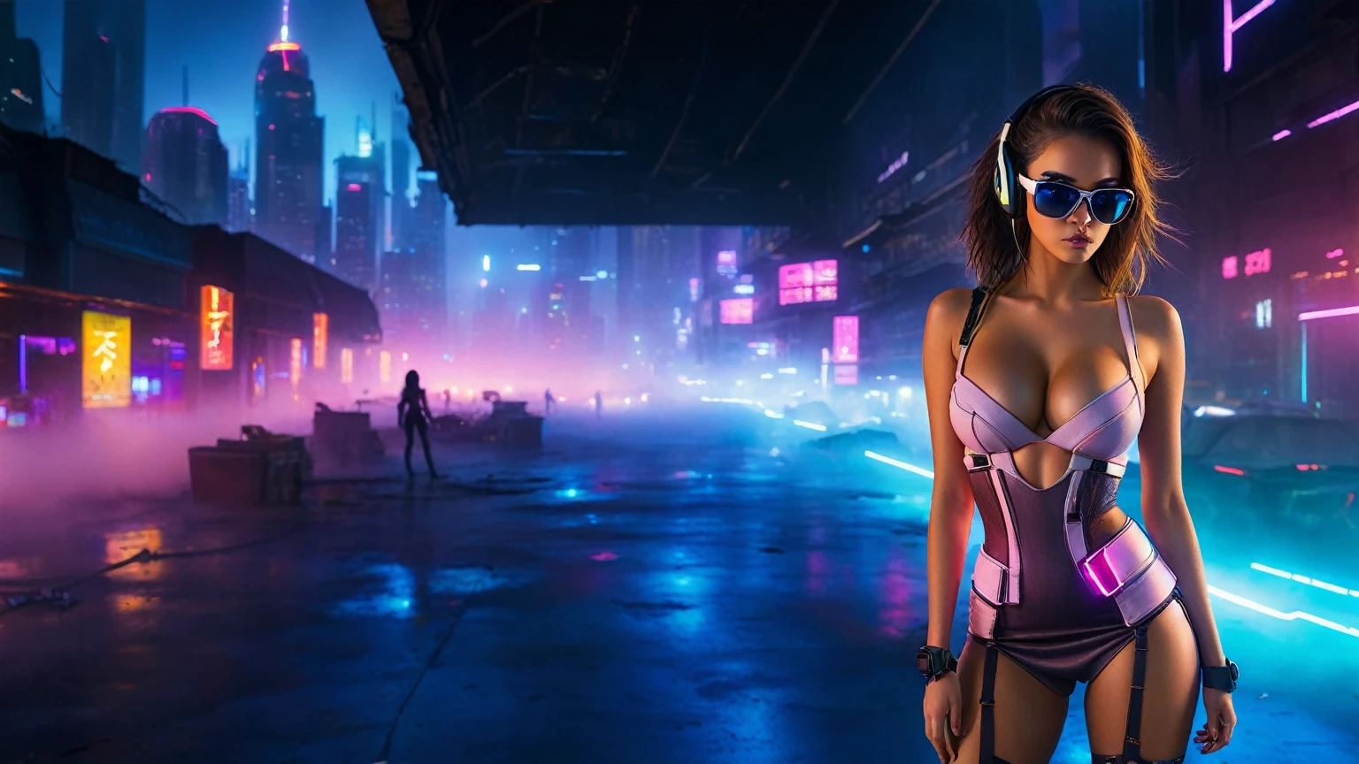 dark futuristic landscape, at night, neon lights, Atmospheric fog, large buildings in the background, futuristic city, streets with open shops, skyscraper (postapocalyptic city:1.3). (((1girl, solo, alone))), large-breast:1.2 slim body, cleavage:1.1, sexy miniskirt, (((headphone, black sunglasses, standing and holding pistol pose))), (((half-body thigh level medium shot))), cinematic lighting, lens flare, ray tracing.
