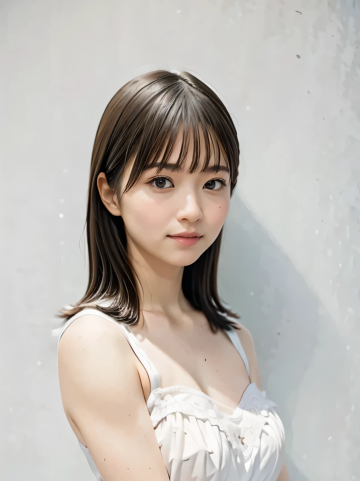 1girl, 25 years old woman, medium breasts, cute face, beautiful face, (perfectly detailed face), ((looking at viewer)), Hands behind the body, hands behind head, Simple Background, ((white background)), ((white wallpaper)), photorealistic, (bokeh), UHD, anatomically correct, highres

