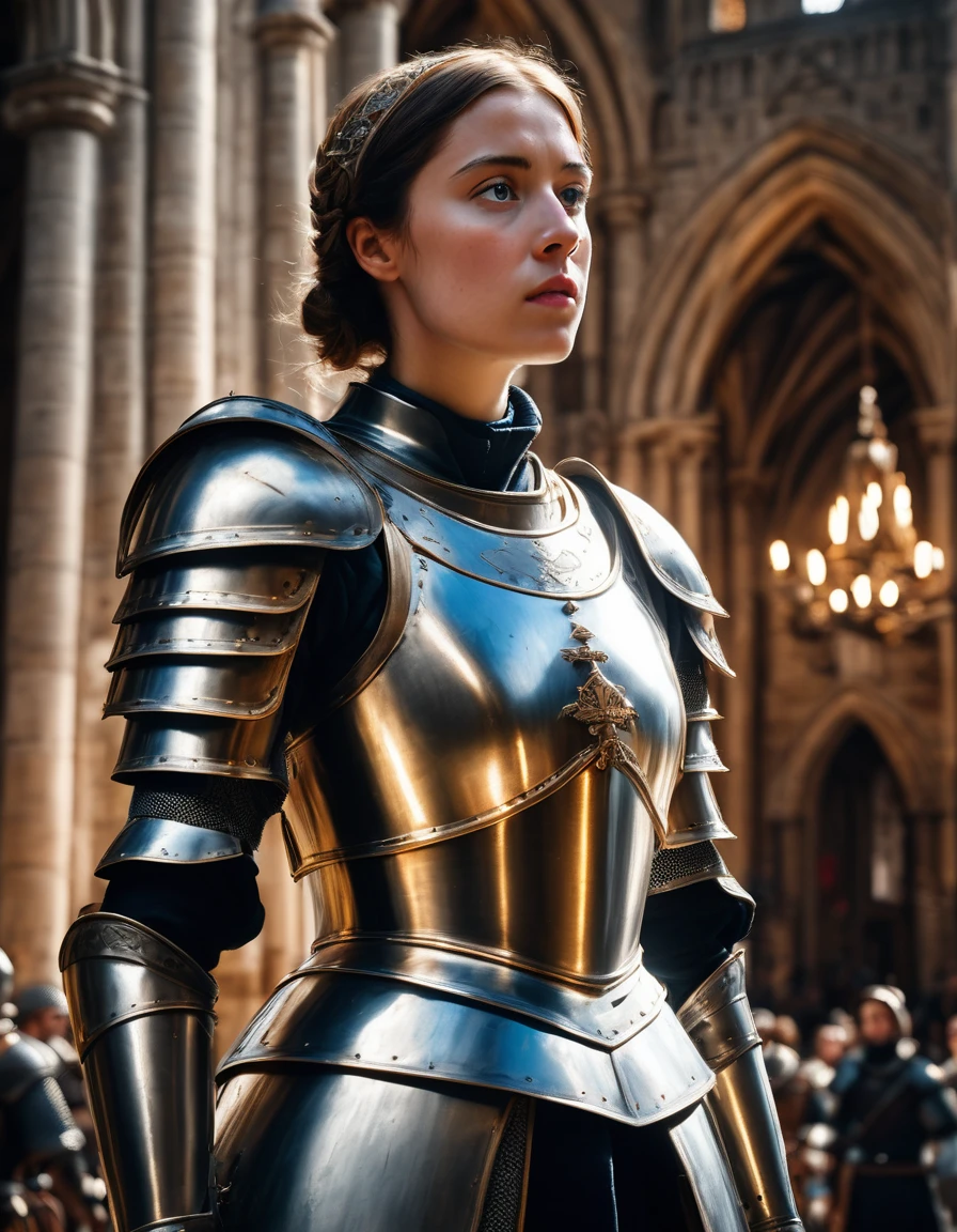 (best quality,4k,8k,highres,masterpiece:1.2),ultra-detailed,(realistic,photorealistic,photo-realistic:1.37),Jeanne d'Arc, Joan of Arc, female knight standing inside a cathedral, short brown hair, historical accurate armour, heroic posture, cinematic lighting, vibrant colors, great composition