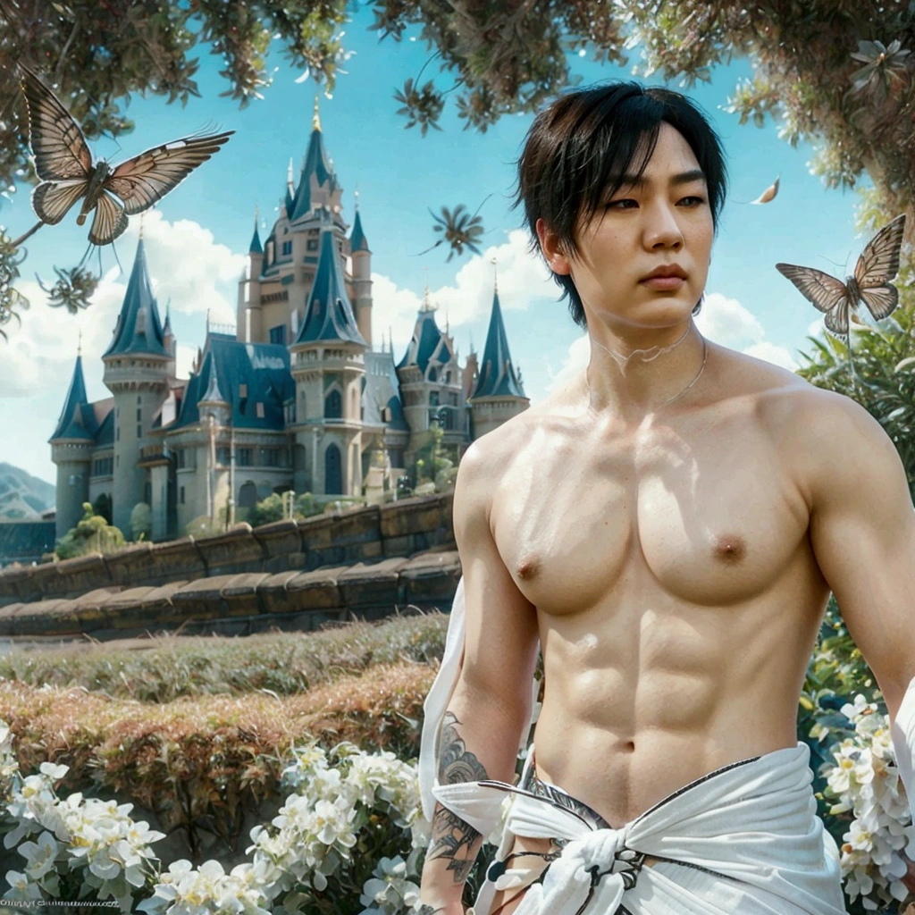 a close up of a man in a white towel standing in front of a castle, frank cho, cliff chiang, charlie bowater and mark brooks, rick dai, castle scene manga, ross tran and bayard wu, damian kryzwonos, beautiful androgynous prince, delicate androgynous prince, akehiko inoue and ross tran