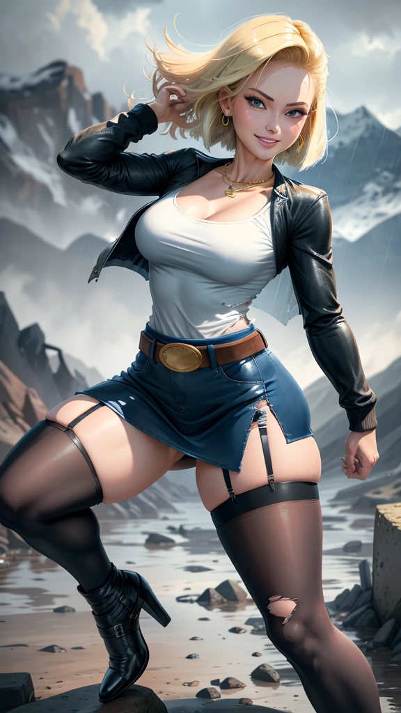 Hyper detailed image, UHD, 16k, professional photo, (Realistic photo of Android-18 from Dragon Ball Z) girl Goddess of beauty, charming, very straight short blonde hair, a strand of hair between her eyes, serious facial expression, (( she wears a blue denim jacket and a white cropped shirt, short white underground showing her chest meat)), erotic open denim jacket showing her impressive, beautiful and perfect big breasts, ((natural sagging breasts, breasts, ultragiant pointed long breasts coming out of the jacket)) full breasts, big body, tall, slim visible abs, curved, curvaceous body, pert ass, she wears a belt and a (((blue denim skirt lifted she doesn't wear panties, perfect pussy on display, pubic hair on shows, lifting her skirt with her hand))), thick legs open, smiling showing thong stuck in her wet pussy, flexible body, brown boots, perfect hands and fingers, dark environment, cyberpunk background,
(android-18 cyberpunk style), Official Art, Android-18 Sexy woman, official character art, sexy female protagonist, curved, slim and toned body, legs open, exposed, micro thong stuffed in her pussy:8, Akiri Toriyama, Director: Akira Toriyama, Bulma from Dragon Ball, Best Anime Character Design, Akira Toriyama Style, beautiful single character, semi-nude, (great lighting) (pussy, pornography, pubic hair), (wet panties)