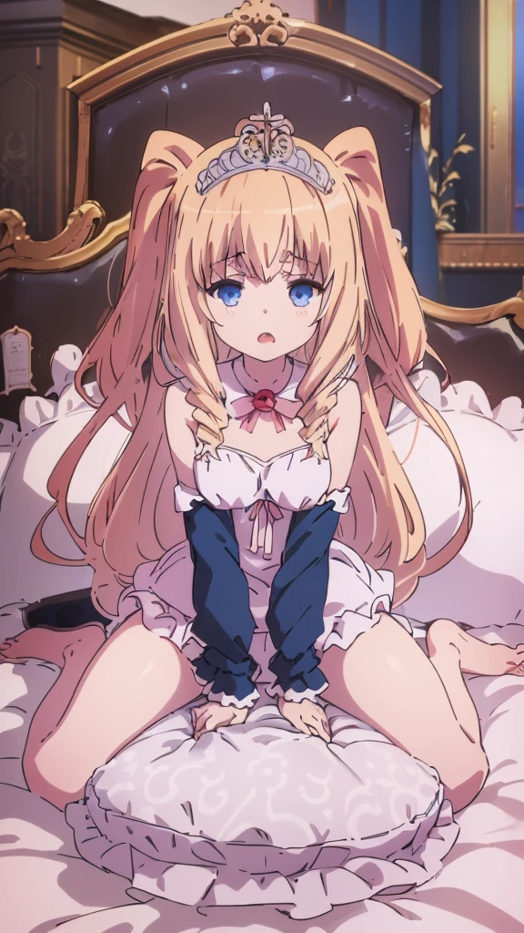 (best quality, masterpiece),full body, 1 girl, solo, mine ,nsfw, details, (Light and shadow oxtail , Cute girl posing on pillow ,steam, pillow humping,(pillow ride), masturbation, pillow straddling, crotch rub, hump,open mouth , kneeling,(Steaming hot),(pillow), (((frilled pillow))), base on anime, LatifaFleuranza, blonde hair, blue eyes, very long hair, tiara, LatifaPajama, pajamas