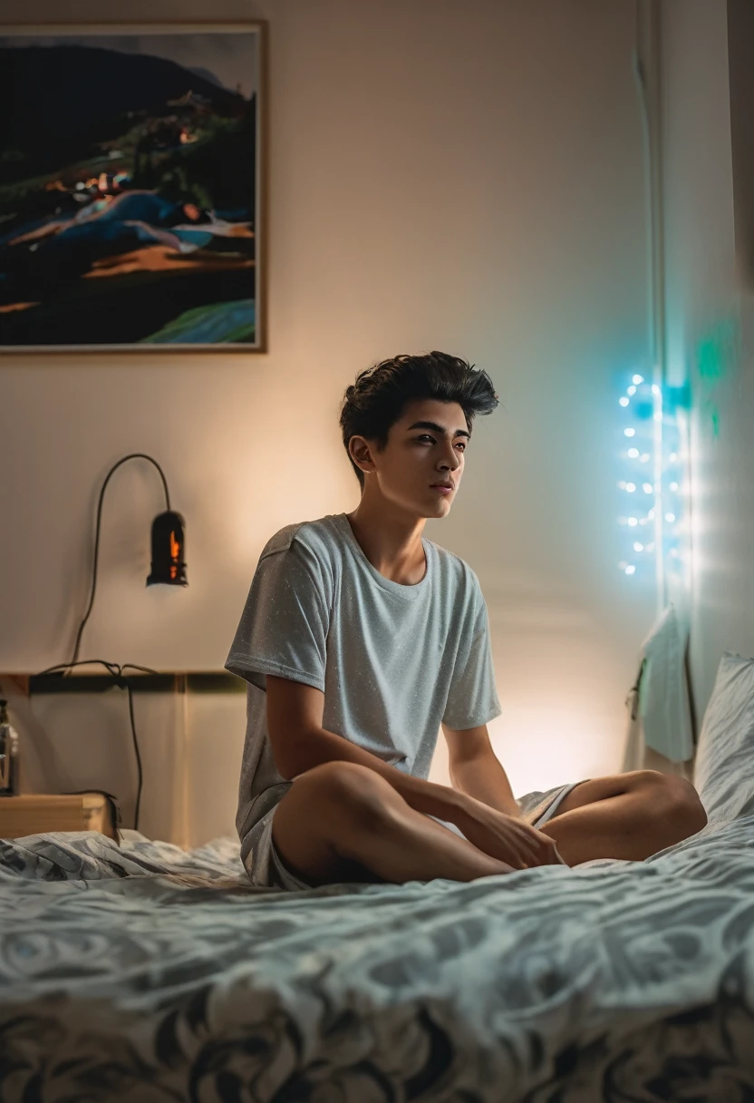 18 years old man sitting on the bed, 8k, full body shot, hyperrealistic, documentary photography, glow in the dark, ☹️, bedroom, nightwear