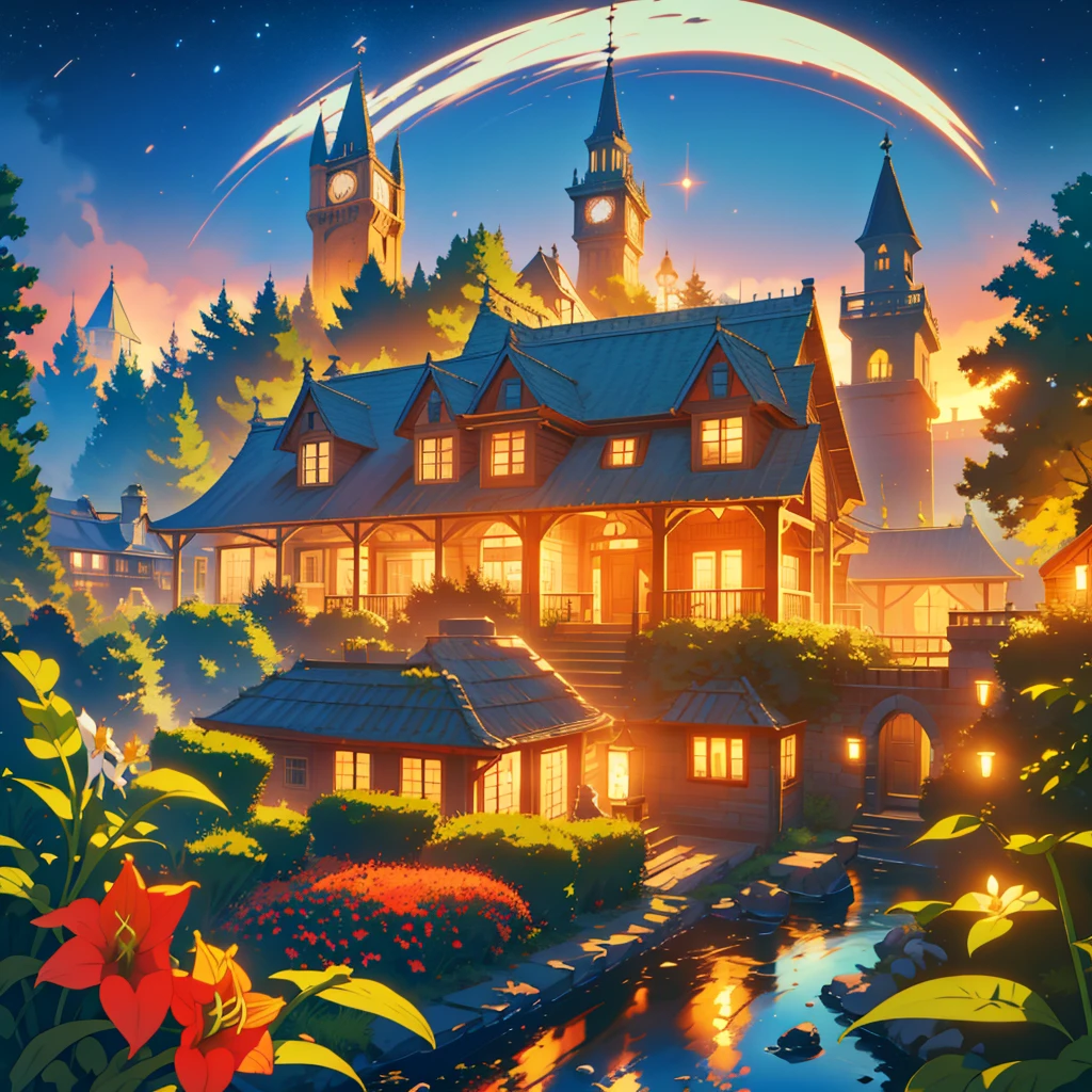 kawaii, anime, Cute, hyper quality, highly detailed, 8k, Front facing, Clarity, brown long hair, green eyes, smile, whole body, Cat ear, amaryllis, Amaryllis grows in clumps, top of the hill, witch hat, Cat ears stick out from the witch's hat, witch's robe, fantasy, fog effect, particles of light, night, hill overlooking the town, bird's eye view, flower blooming hill, colorful amaryllis, Cityscape lit with lights, starry sky, clock tower, a cat at my feet,