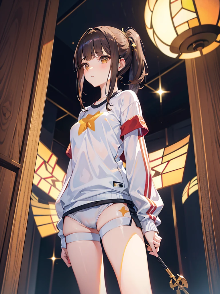 perfect anatomy, precise illustration, extremely detailed CG, 
((masterpiece, best quality, extremely detailed, absurdres)),  

1girl, (Blunt bangs:1.4), brown hair, brown eyes, low pony tail, ((She wears a silver-star-hairpin on her right bang)),
(buruma:1.6), 

(from below:1.2), embarrassed, medium chest, 
walking, (at night), shooting star, Stained glass, 
gym uniform,