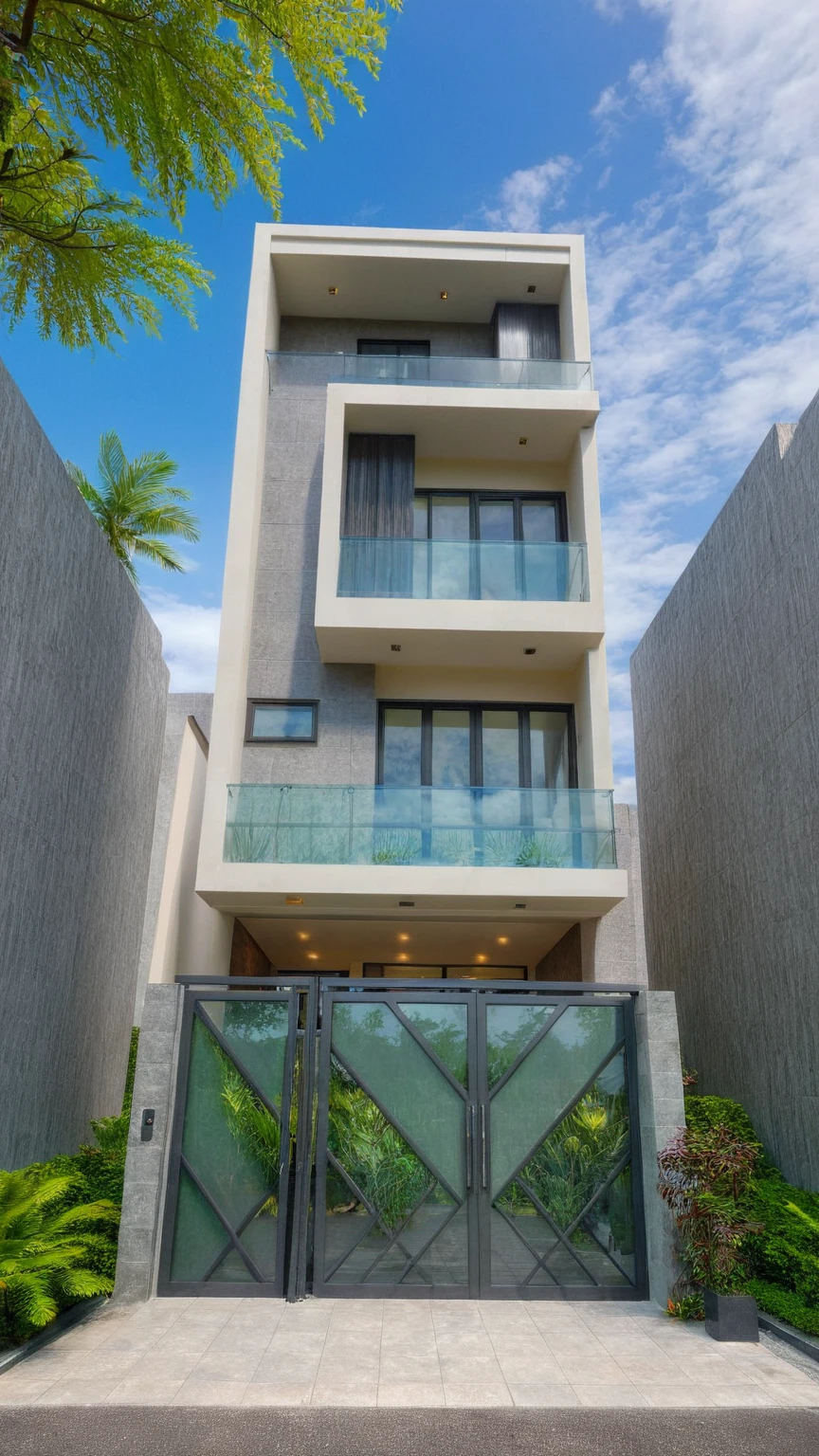 modern villa on street, (daylight), tropical tree, green shrub and plants, vivid color, streetcapes, minimalist design, brigth grey tone, (large glass door:1.2), warm interior lighting, modern material, best quality, ultra realistic, masterpiece,