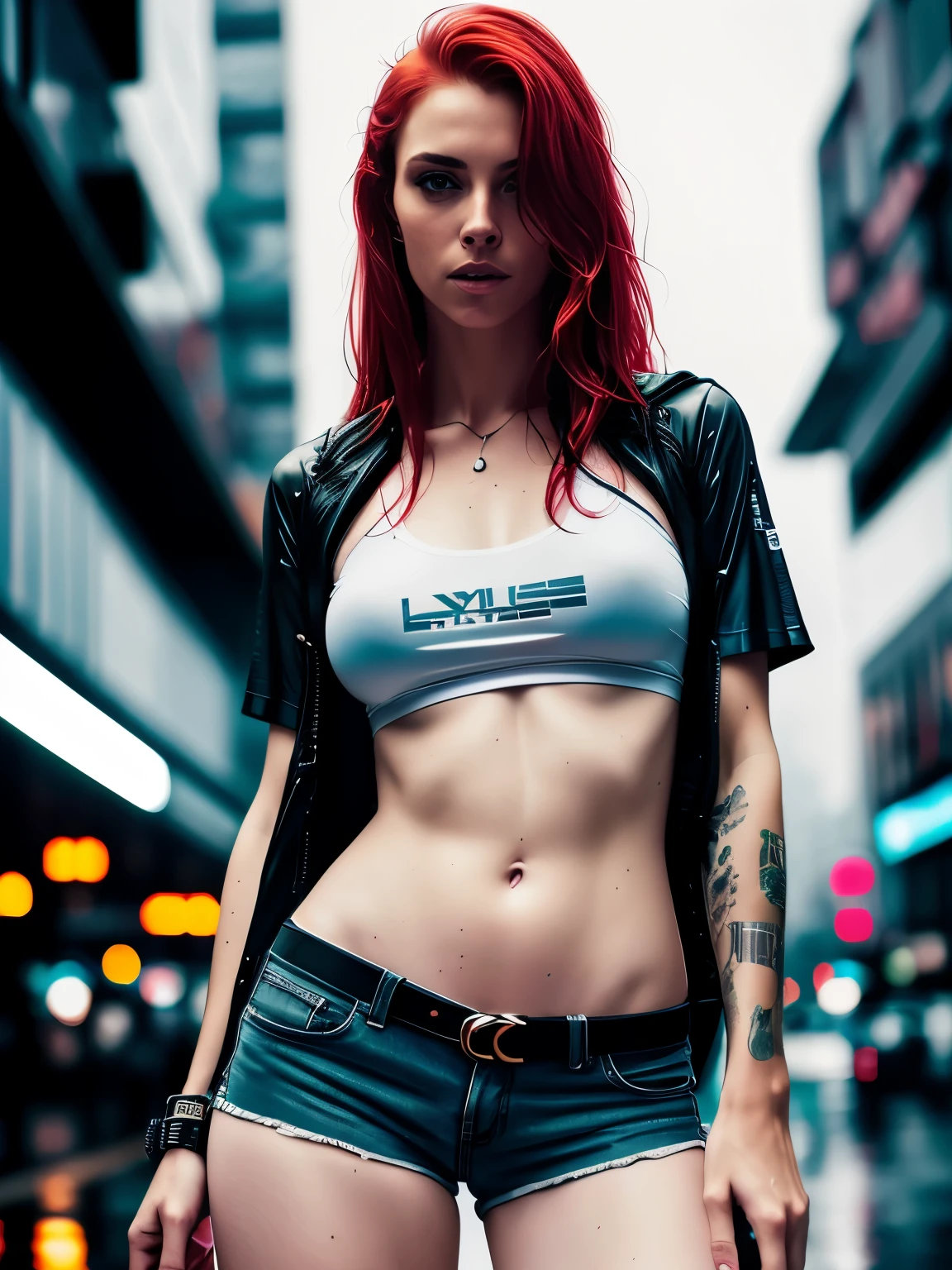gorgeous woman with long red hair detailed alluring pale blue eyes, Thigh gap between long sexy legs wearing tiny shorts and a t-shirt in beautiful futuristic cyberpunk+ city, mist, wet, raining, best quality, masterpiece, photorealistic, detailed, 8k, HDR, shallow depth of field, broad light, high contrast, backlighting, bloom, light sparkles, chromatic aberration, sharp focus, RAW color photo