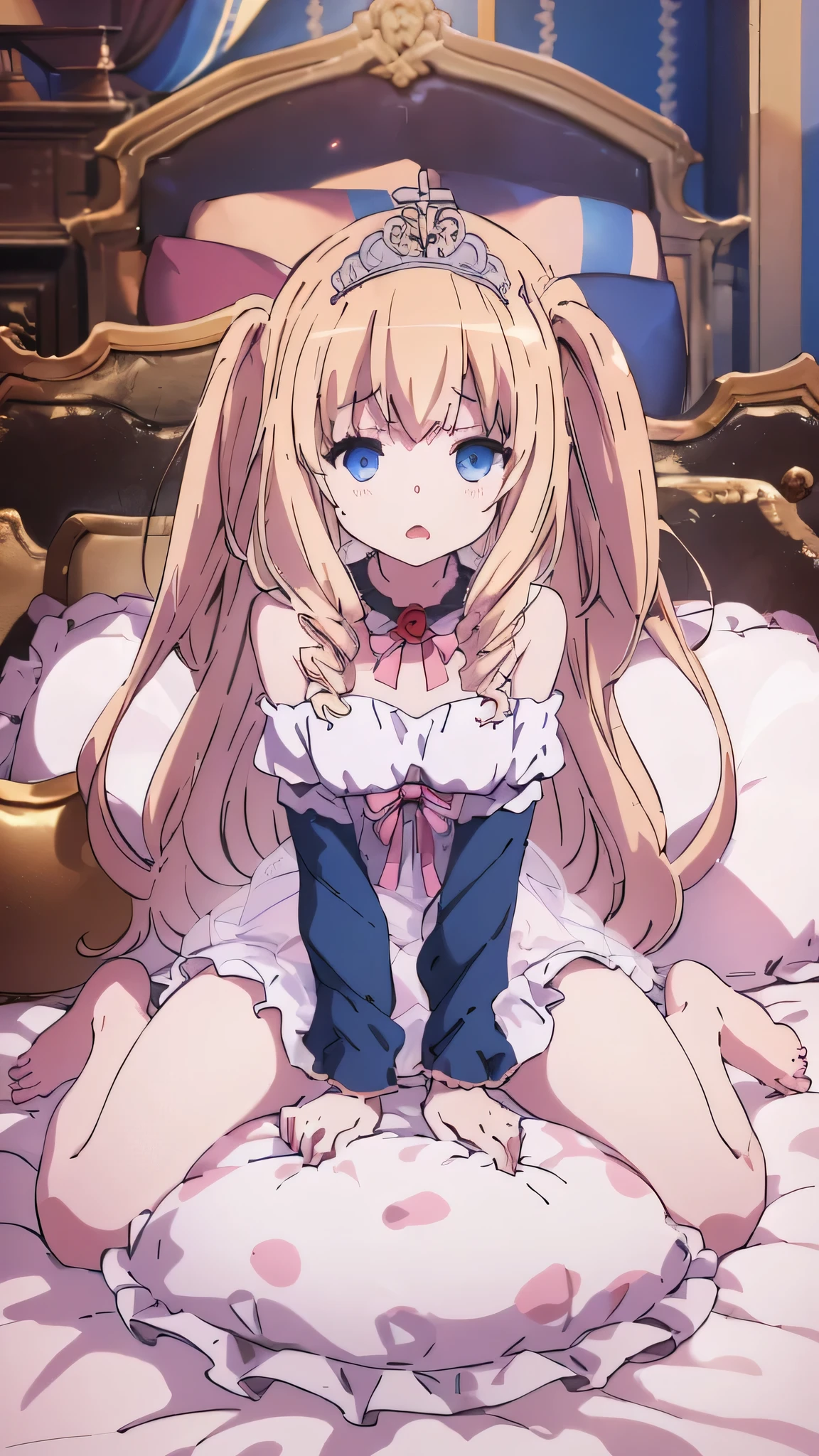 (best quality, masterpiece),full body, 1 girl, solo, mine ,nsfw, details, (Light and shadow oxtail , Cute girl posing on pillow ,steam, pillow humping,(pillow ride), masturbation, pillow straddling, crotch rub, hump,open mouth , kneeling,(Steaming hot),(pillow), (((frilled pillow))), base on anime, LatifaFleuranza, blonde hair, blue eyes, very long hair, tiara, LatifaPajama, pajamas