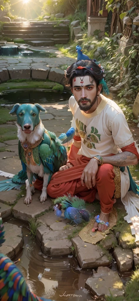 God Krishna sitting on grass playing with peacocks with dog's 4k HDR realistic
